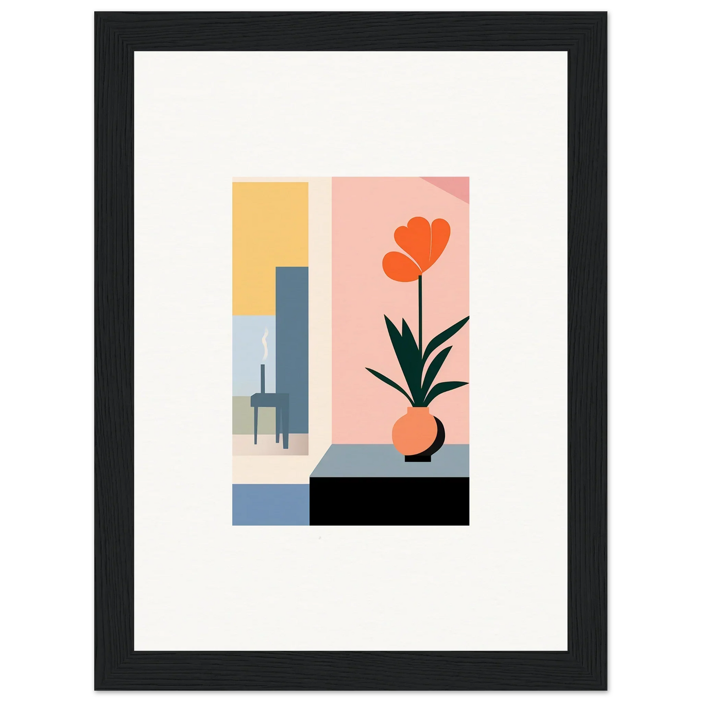 Framed minimalist wall art with geometric shapes and an orange flower for room decoration