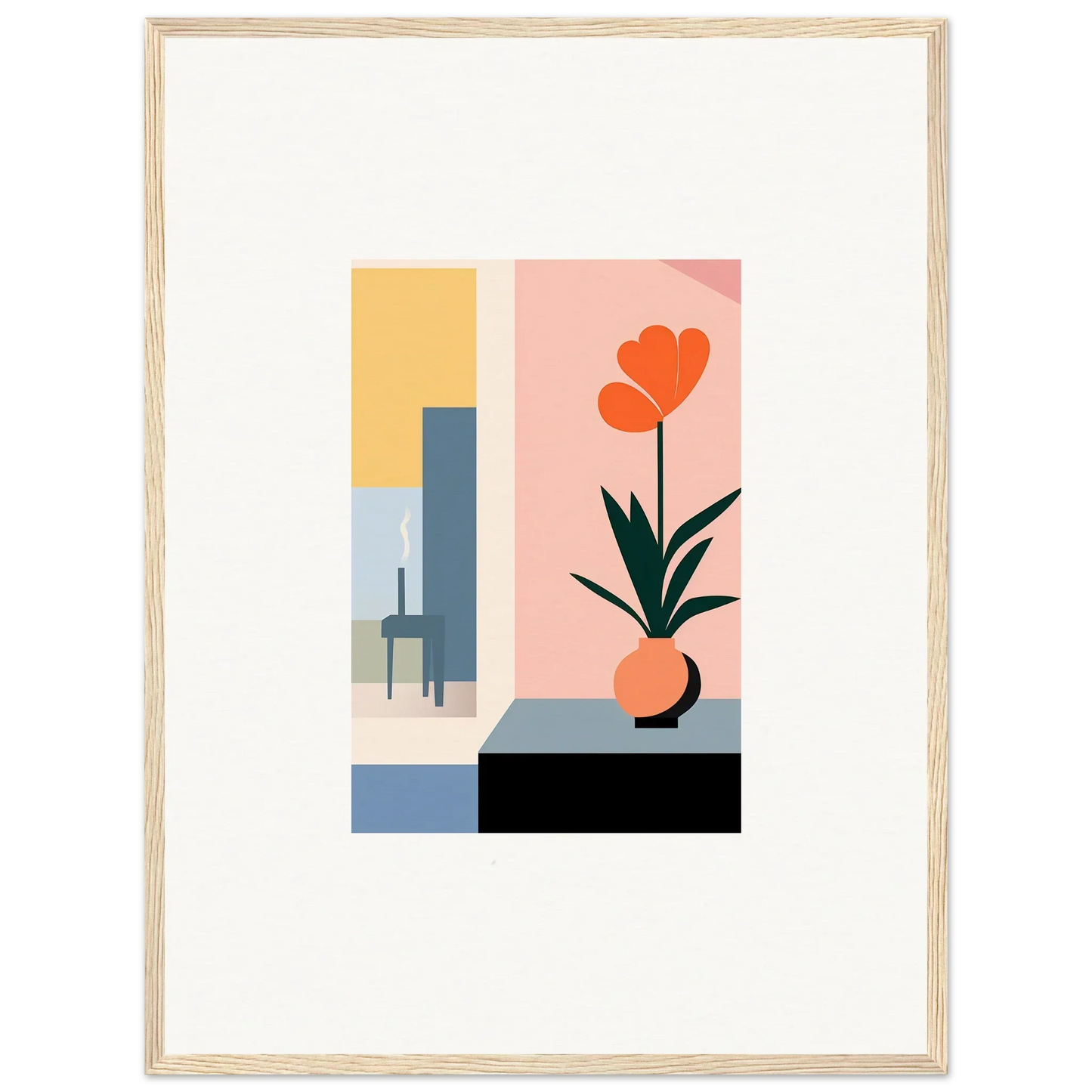 Minimalist abstract wall art with geometric shapes and an orange flower for room decoration