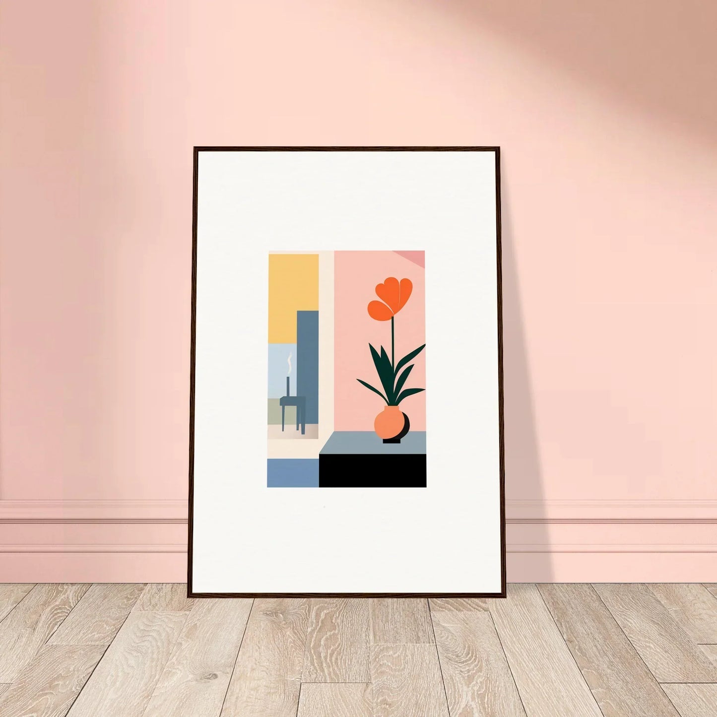 Framed abstract canvas print of geometric shapes and a flower for cool room decoration