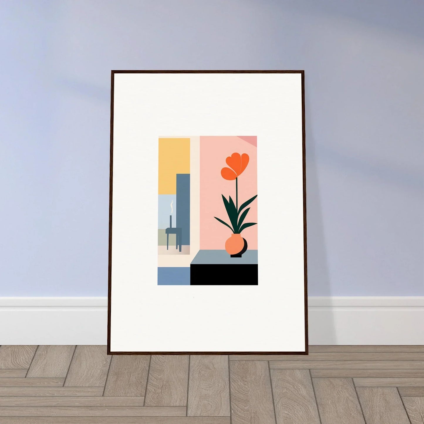 Framed abstract wall art with geometric shapes and a stylized flower for room decoration