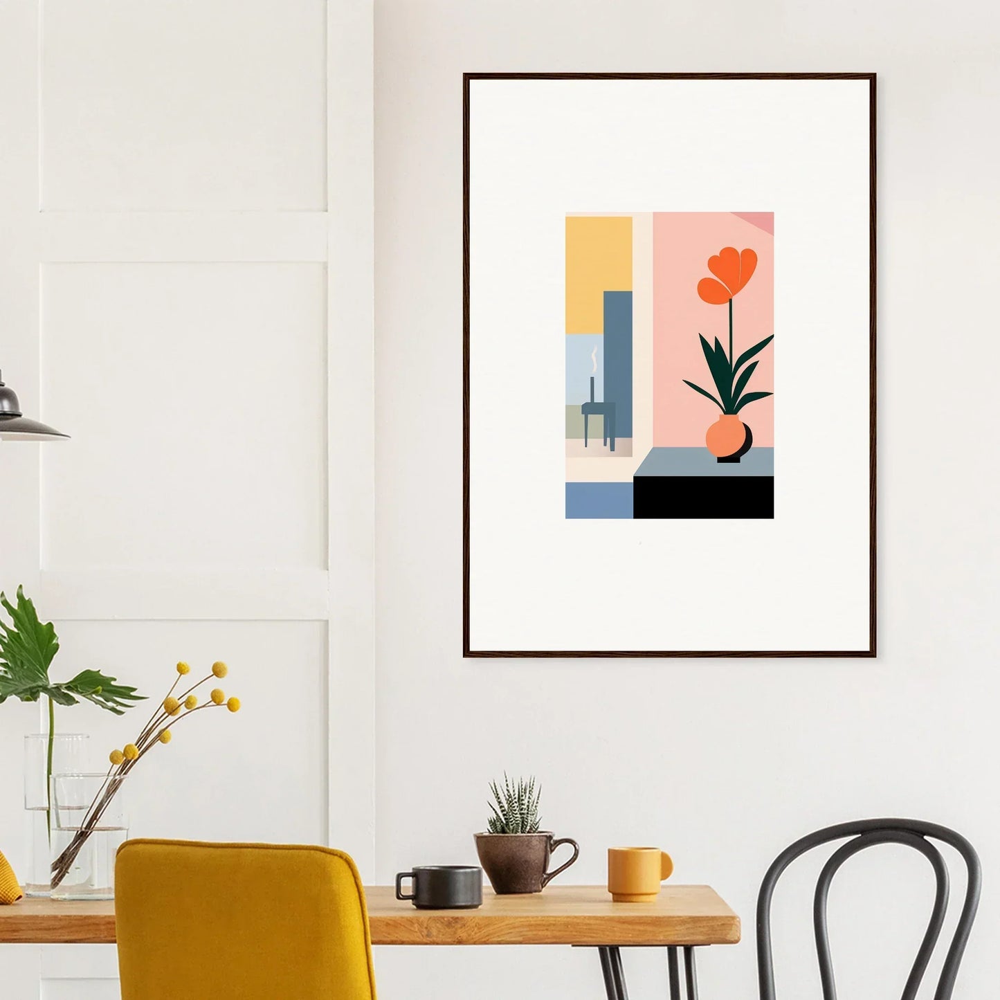 Framed abstract wall art with geometric shapes and a stylized flower for room decoration