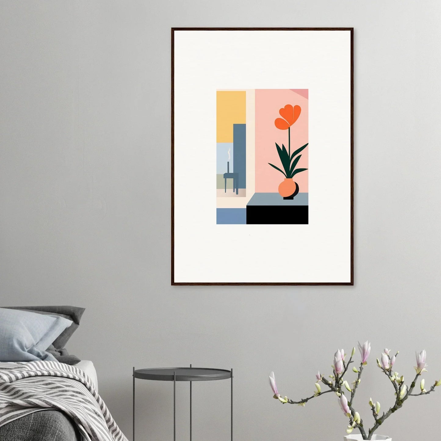 Framed minimalist wall art with geometric shapes and a flower for stylish room decoration