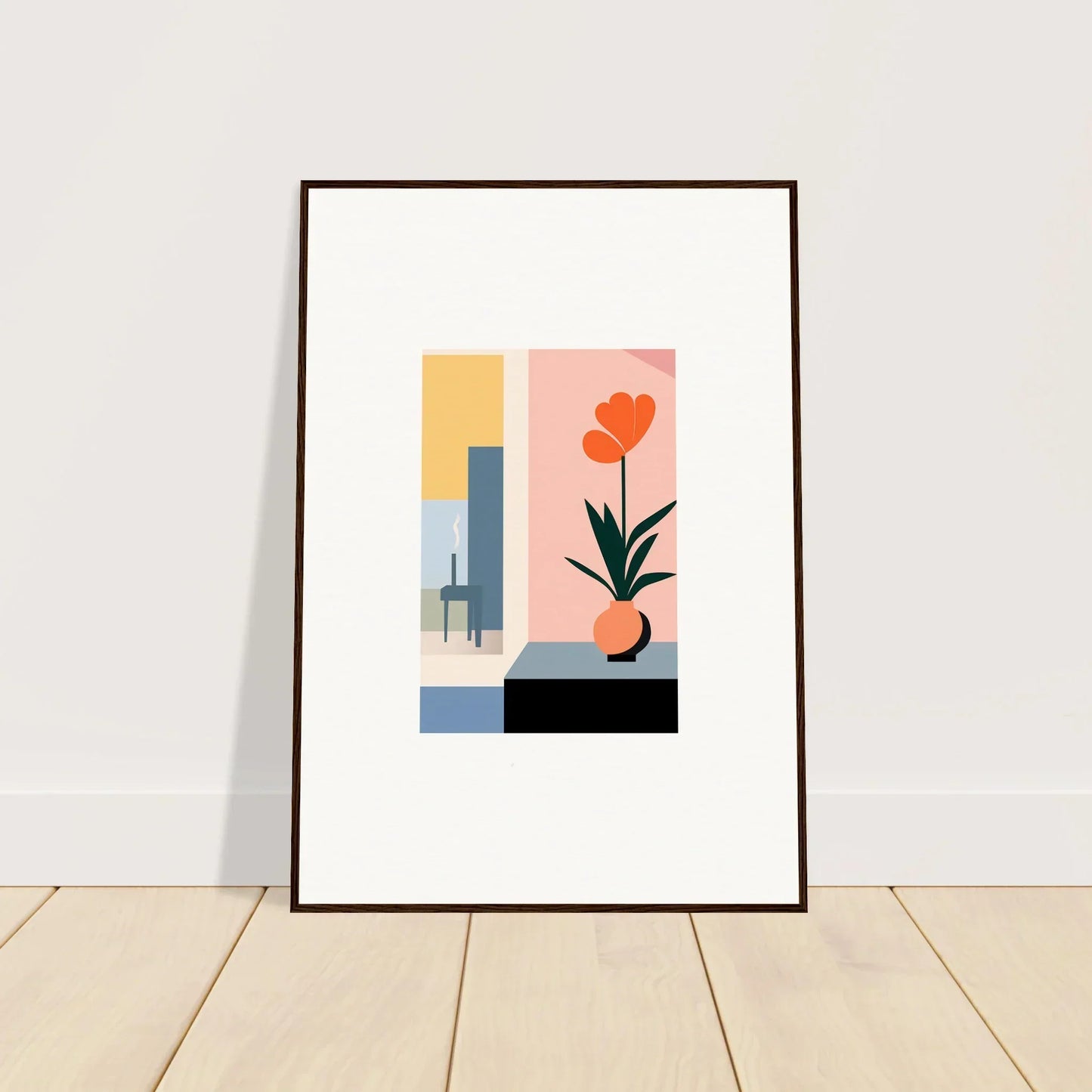 Framed minimalist wall art with geometric shapes and a flower for stylish room decoration
