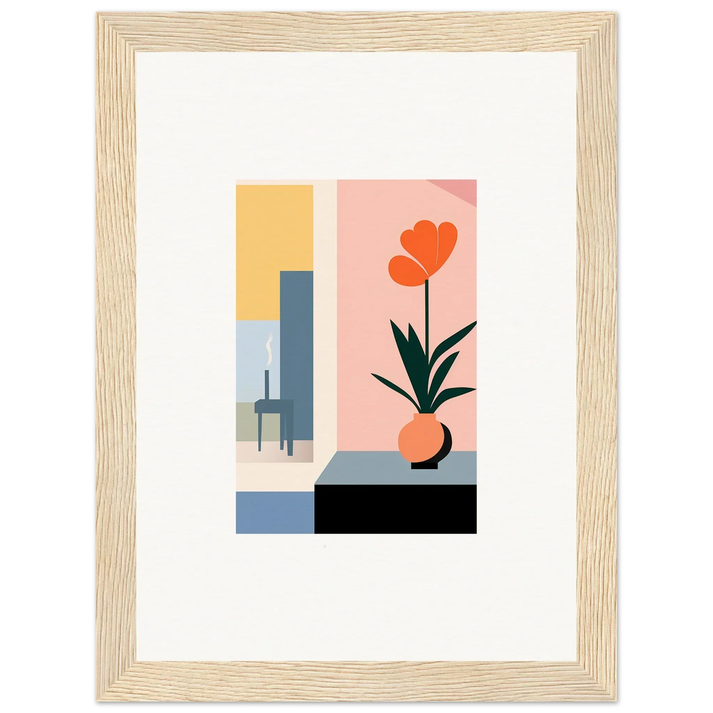Framed minimalist wall art with geometric shapes and an orange flower for room decoration