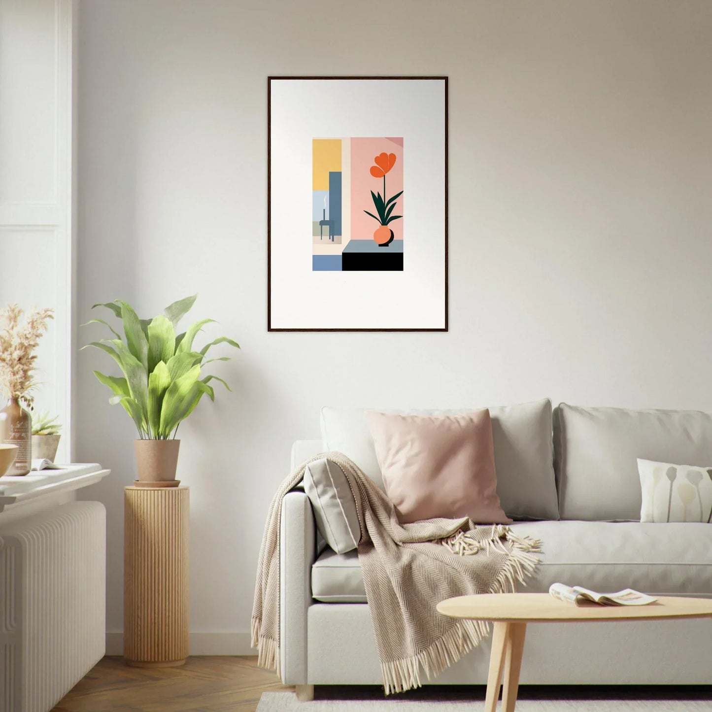 Framed abstract wall art with geometric shapes and a stylized flower for room decoration