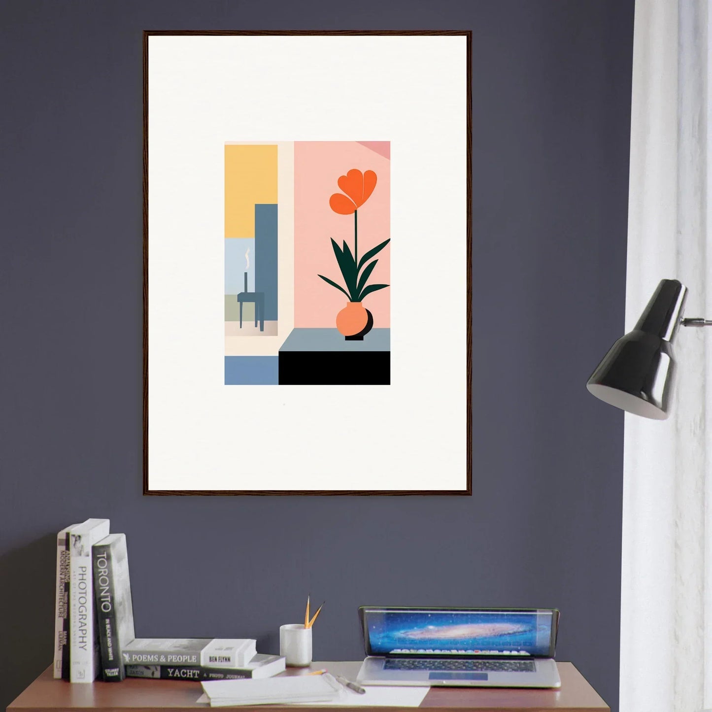 Stylish framed abstract wall art with geometric shapes and a flower for cool room decoration