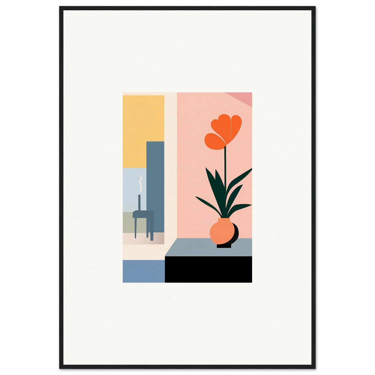 Minimalist wall art featuring geometric shapes and an orange flower in a vase