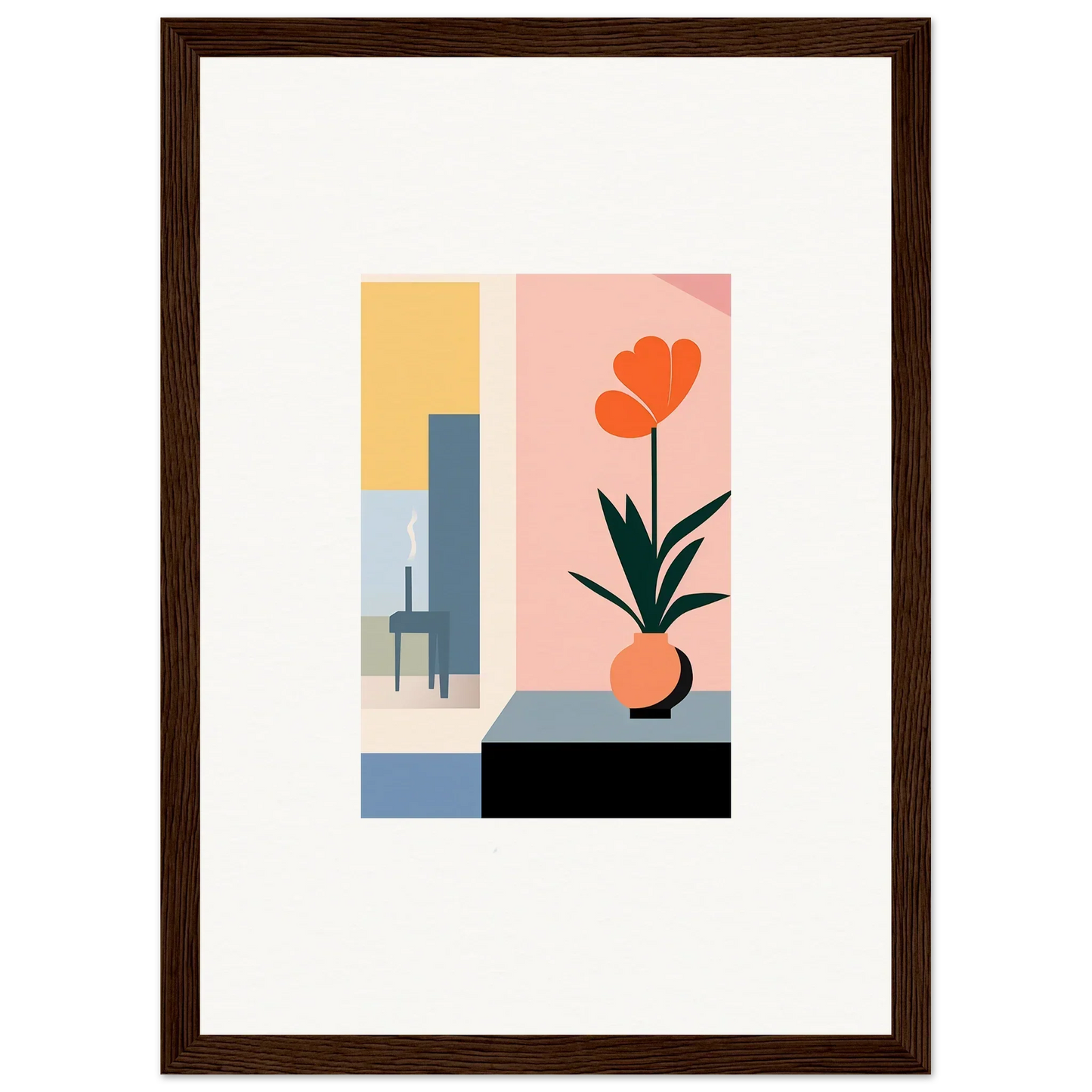Framed minimalist wall art with geometric shapes and an orange flower for chic room decoration