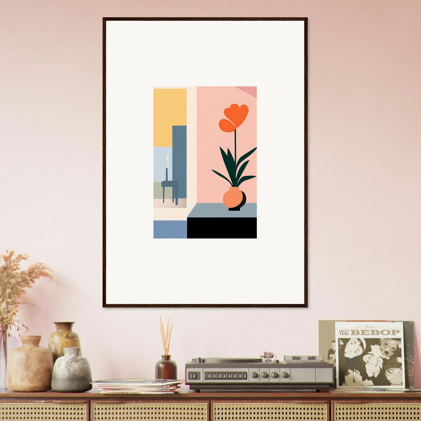 Framed abstract wall art with geometric shapes and a stylized flower for room decoration