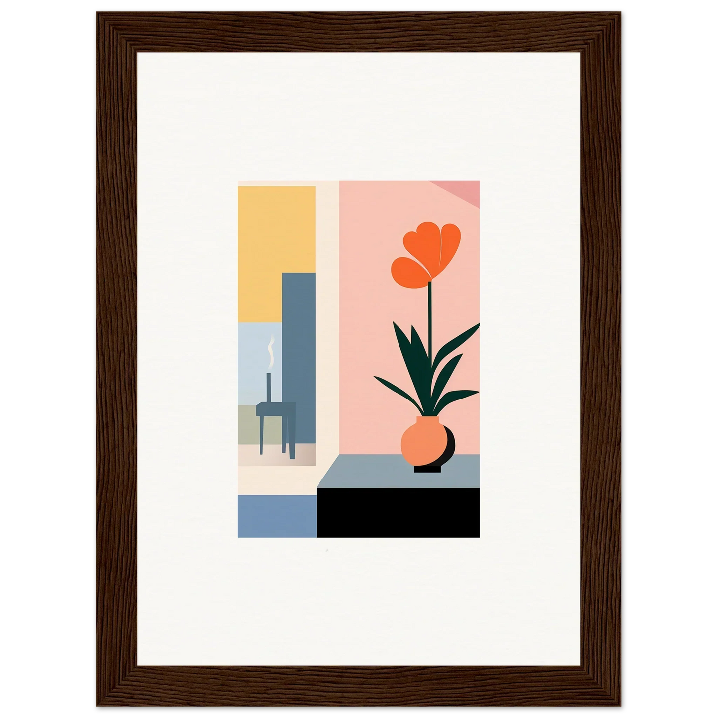 Framed minimalist wall art with geometric shapes and an orange flower for room decoration