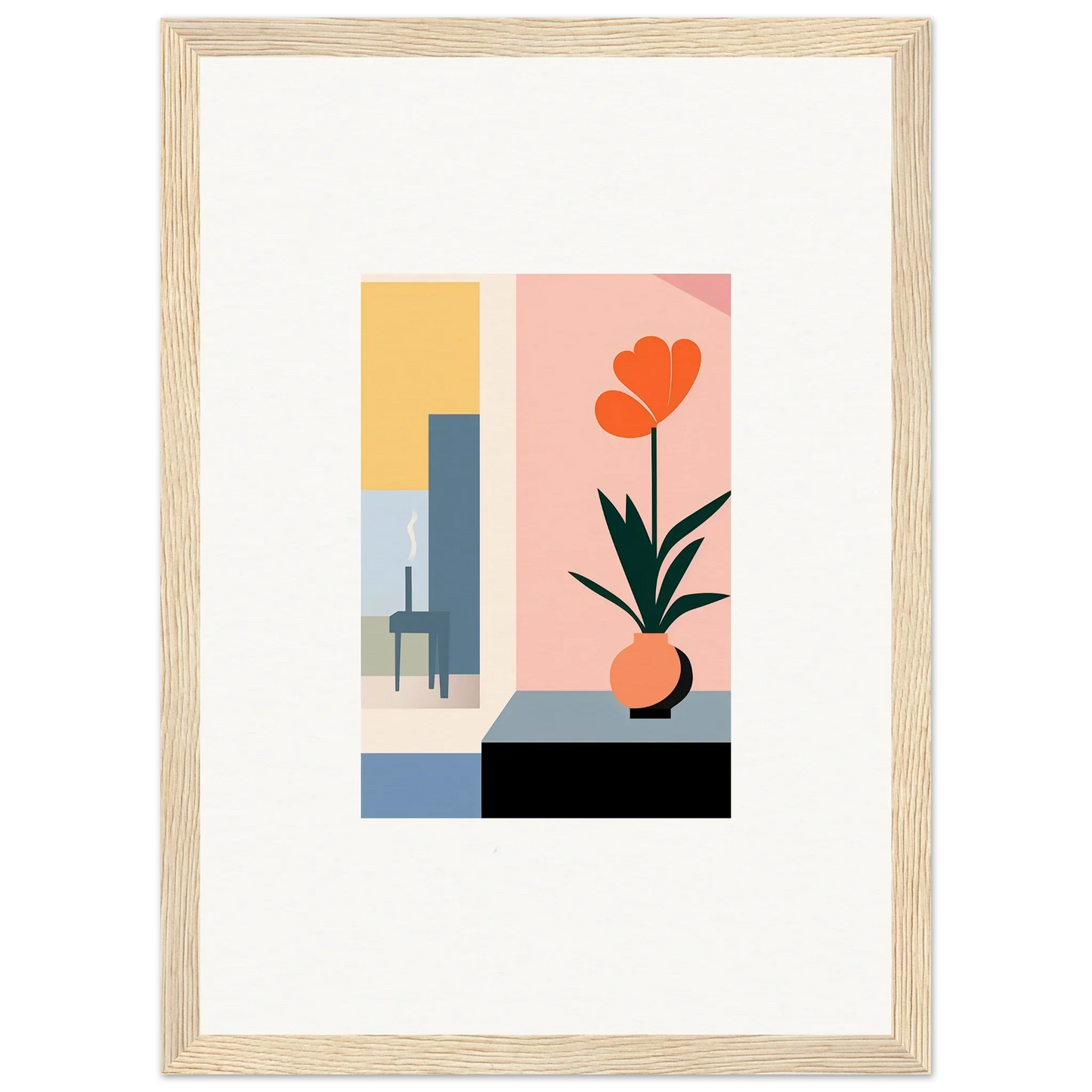 Framed minimalist wall art with geometric shapes and an orange flower for room decoration