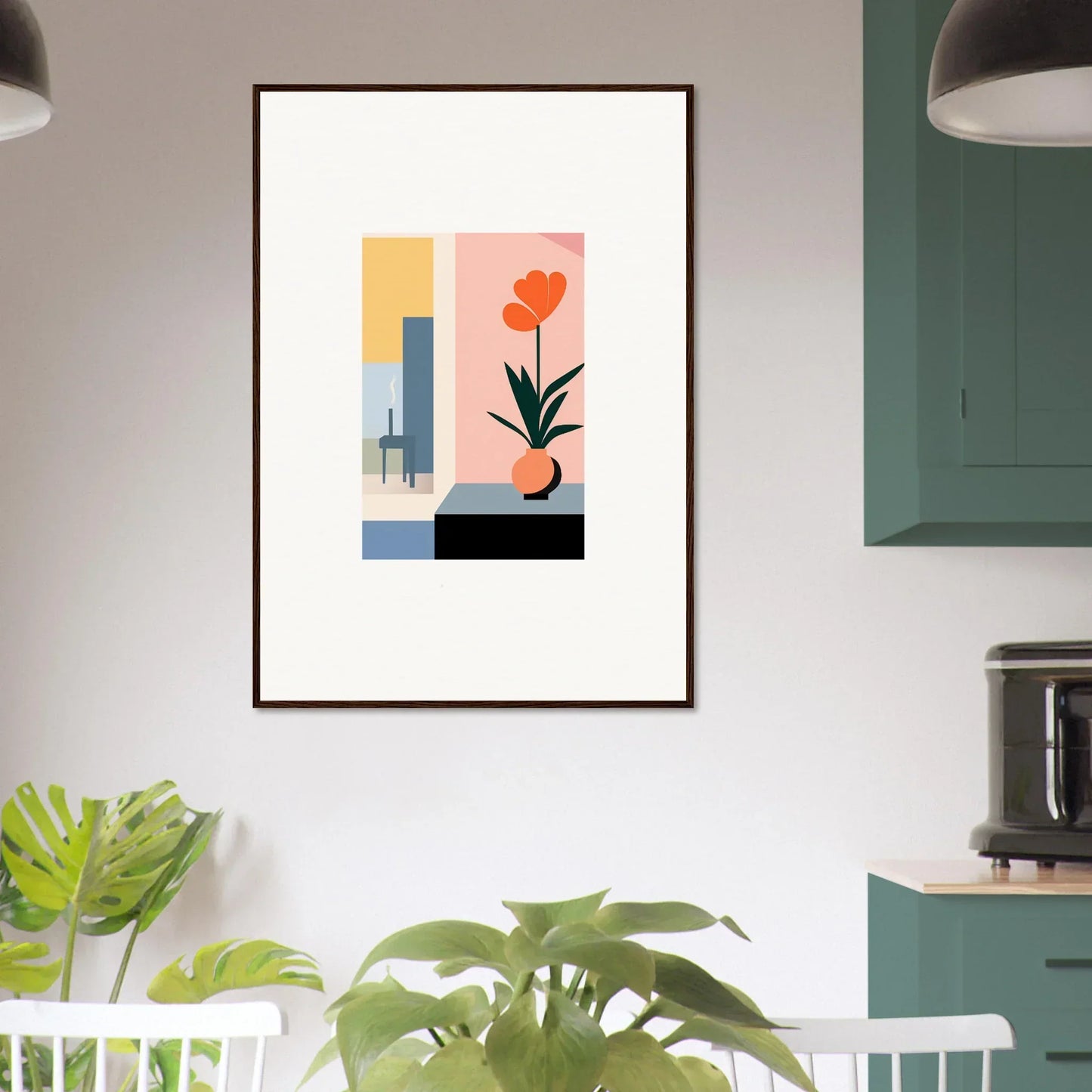 Framed abstract wall art with geometric shapes and a stylized flower for room decoration