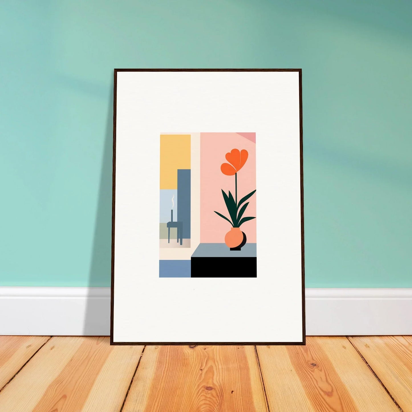 Framed minimalist wall art with geometric shapes and a tulip, perfect for room decoration