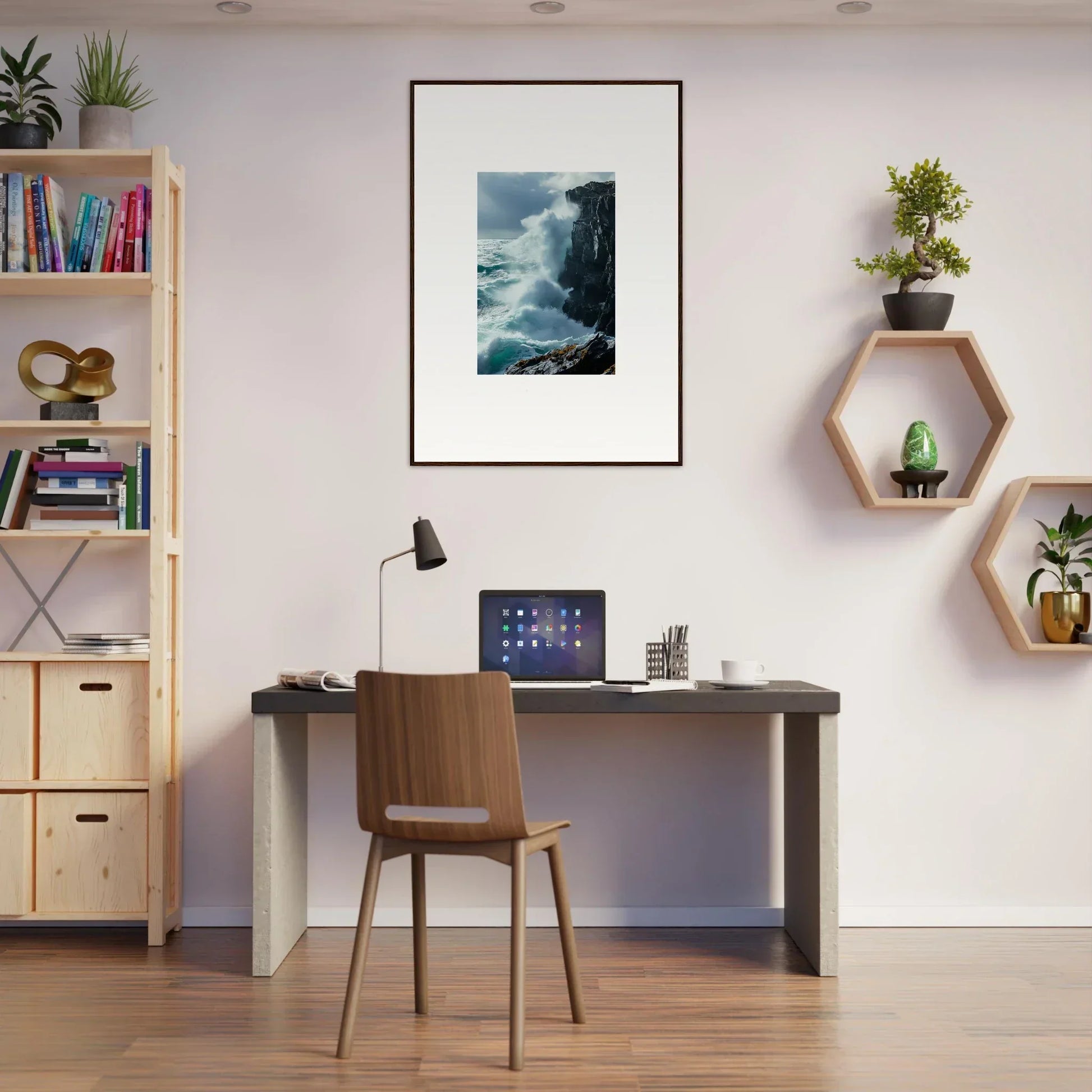 Simple home office with desk and chair featuring Serenity Cosmos canvas print for decoration