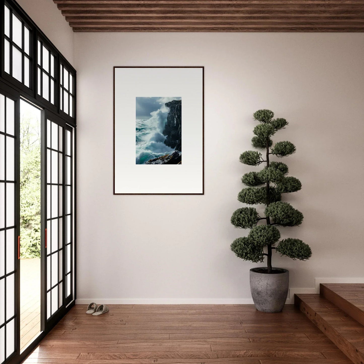 Framed photograph of crashing waves on a cliff for a serene Cosmos room decoration