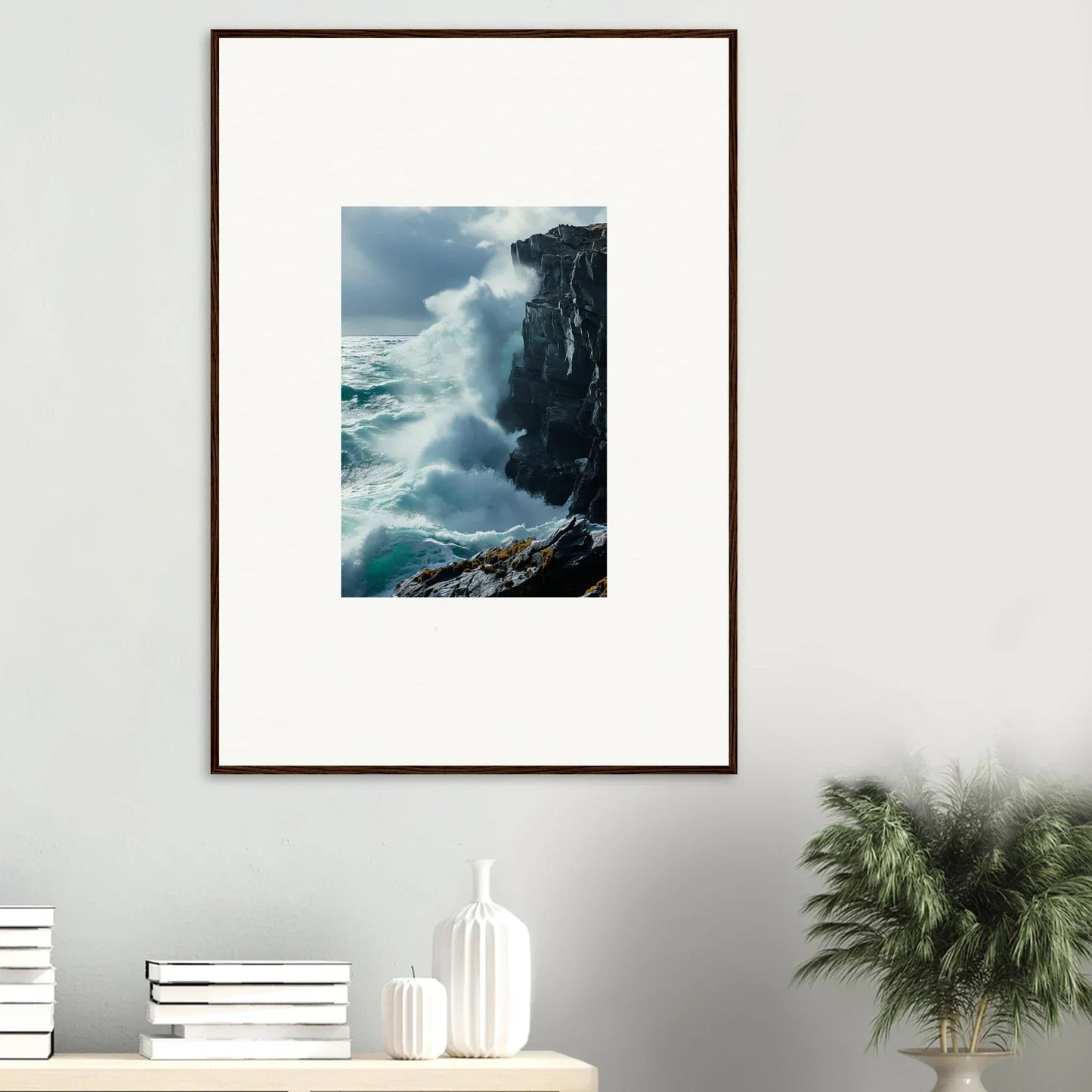 Framed canvas print of crashing waves, perfect for a serene room decoration vibe