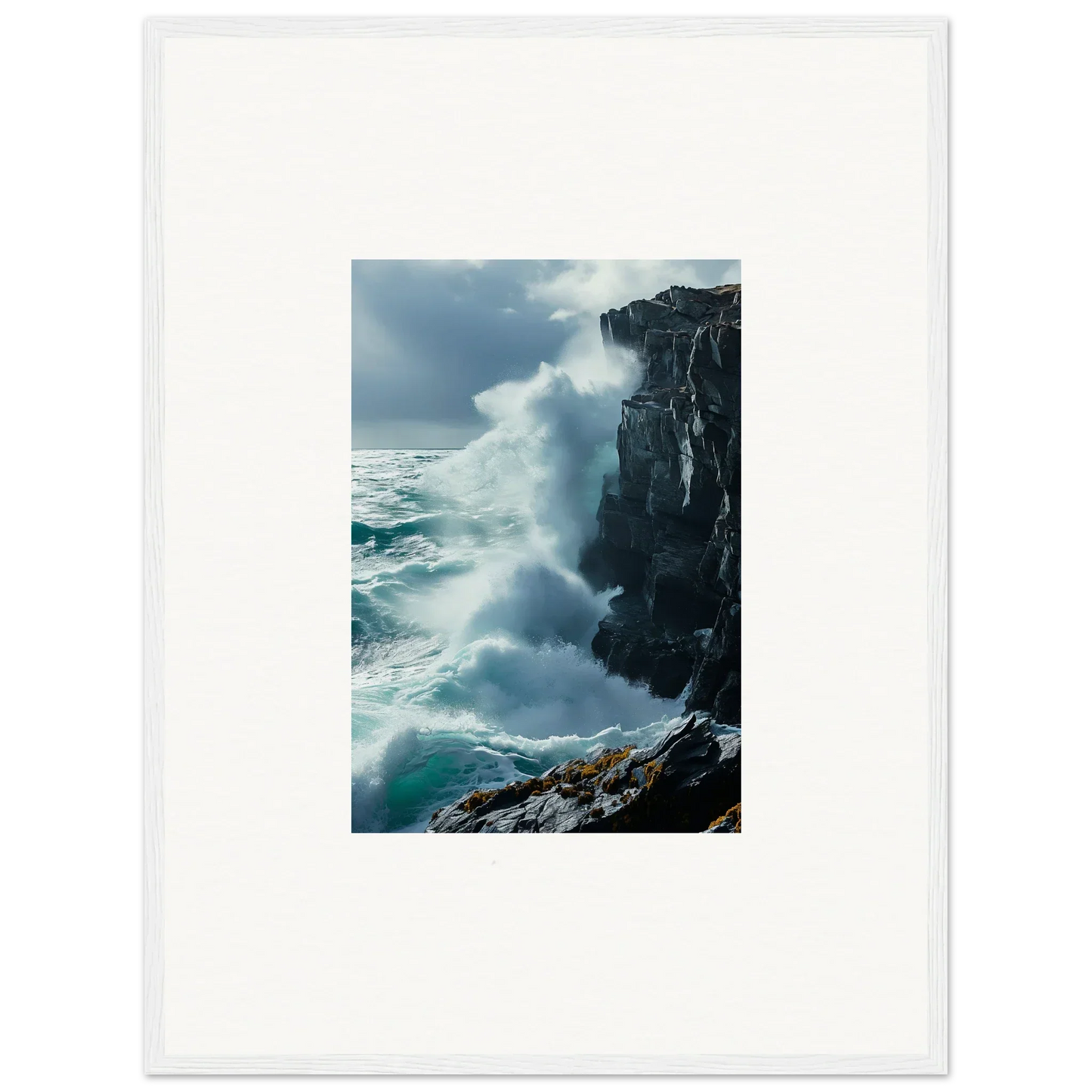 Powerful ocean waves crashing on a rocky cliff for Serenity Cosmos canvas print decor