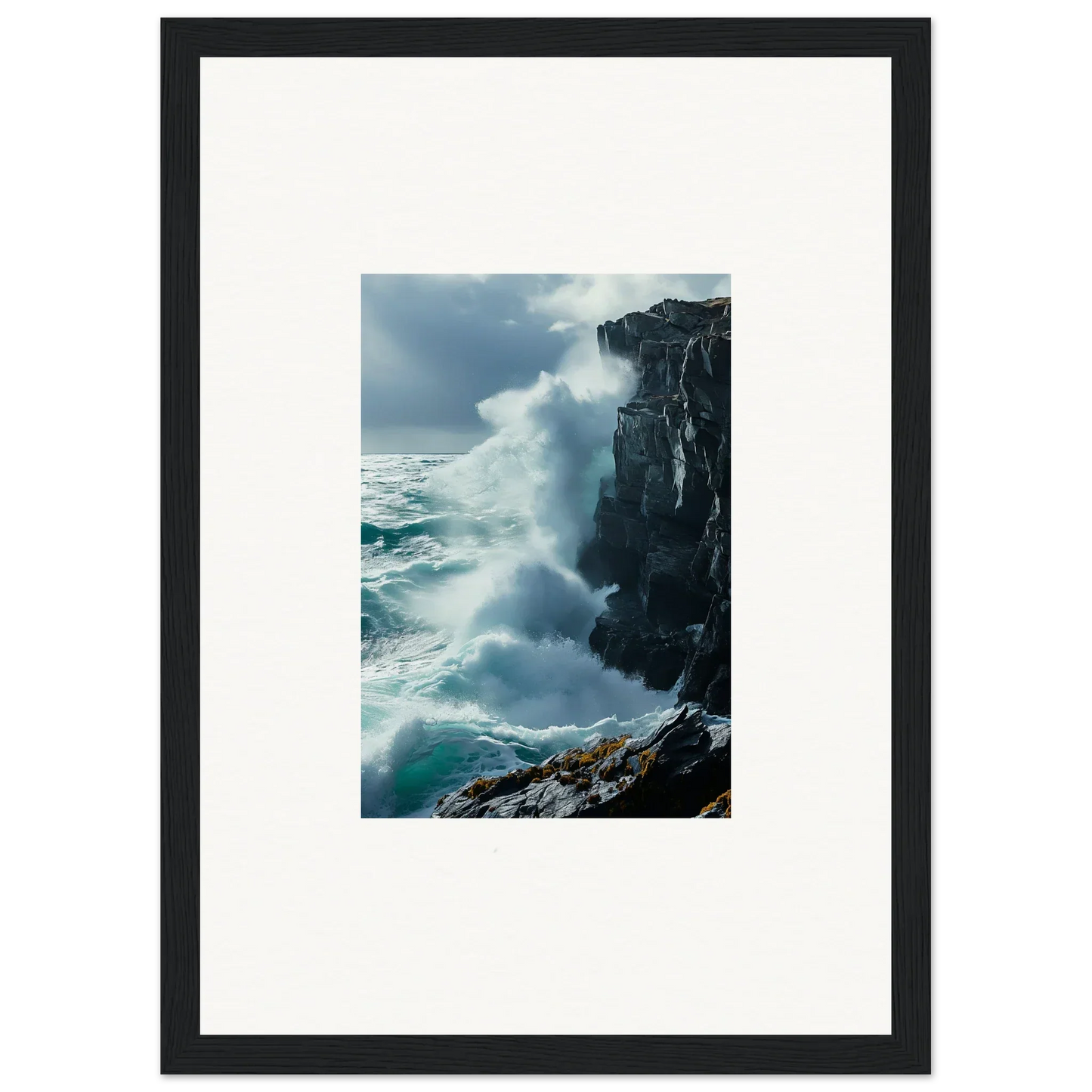 Framed photograph of ocean waves crashing, perfect for a Serenity Cosmos room decoration