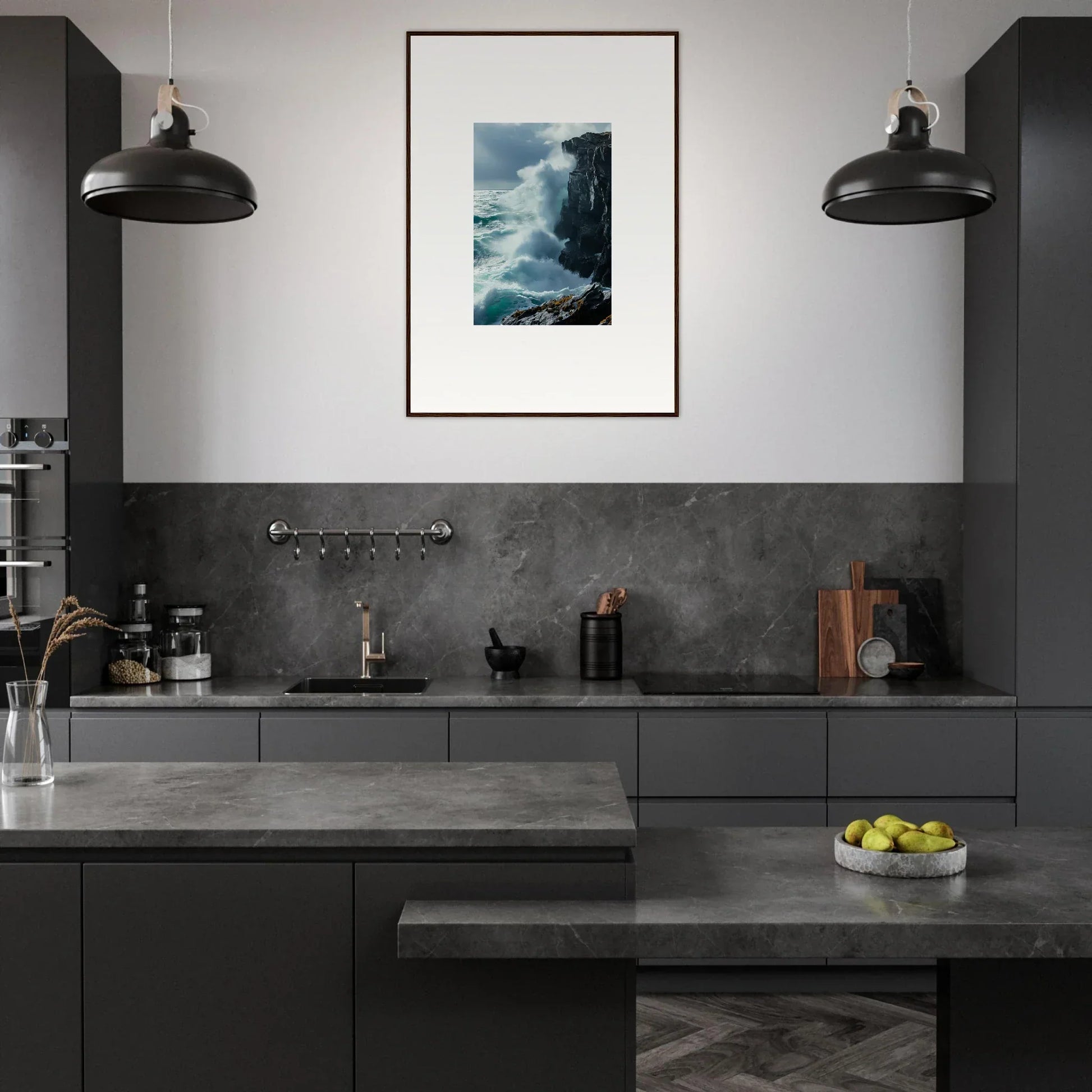 Modern kitchen with dark cabinets and a Serenity Cosmos canvas print for room decoration