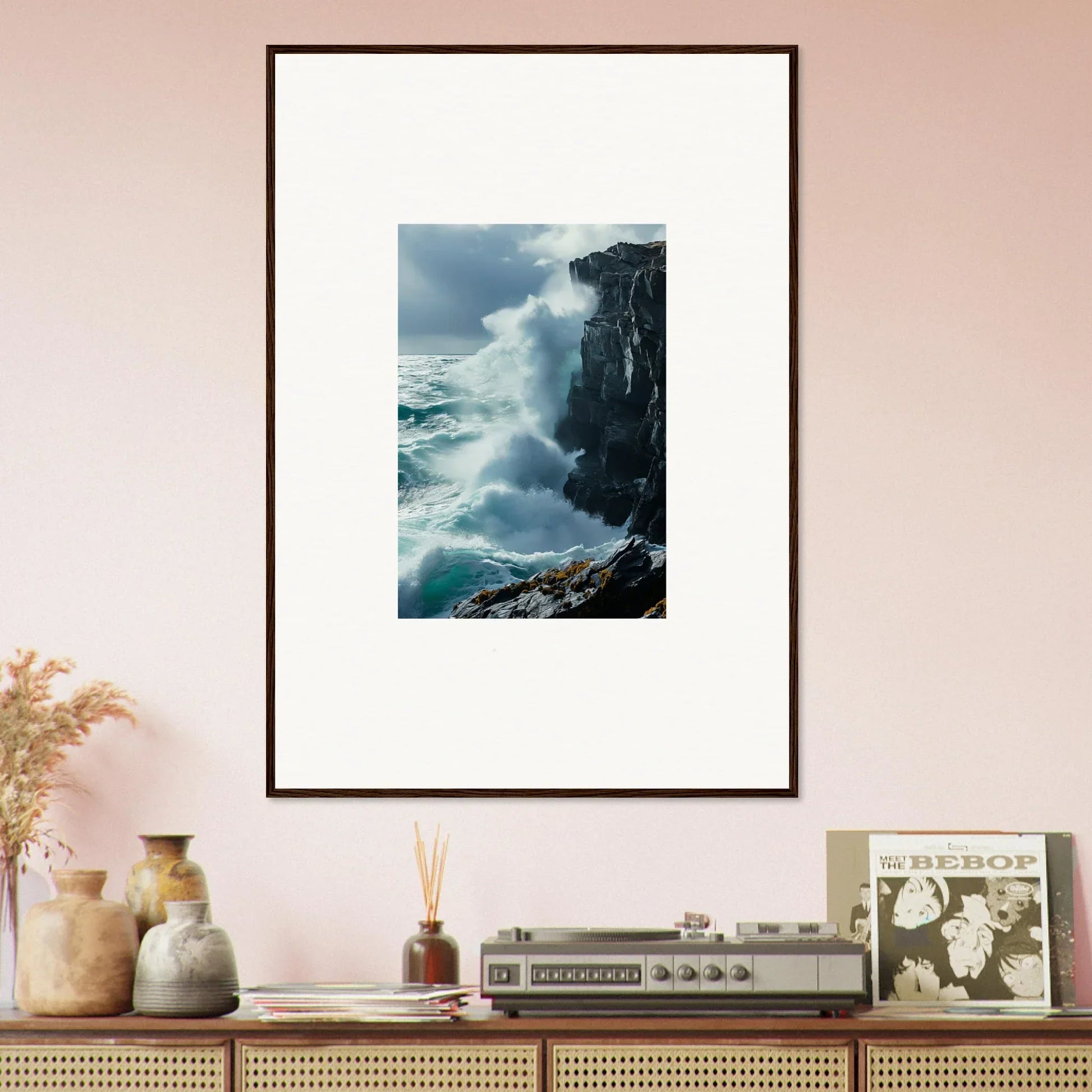 Framed photograph of crashing waves, perfect for Serenity Cosmos room decoration
