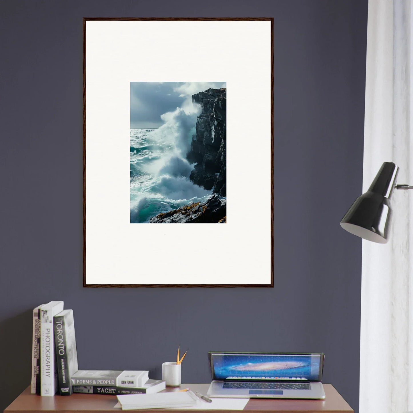 Framed photograph of crashing waves for a serene room decoration with Serenity Cosmos vibe