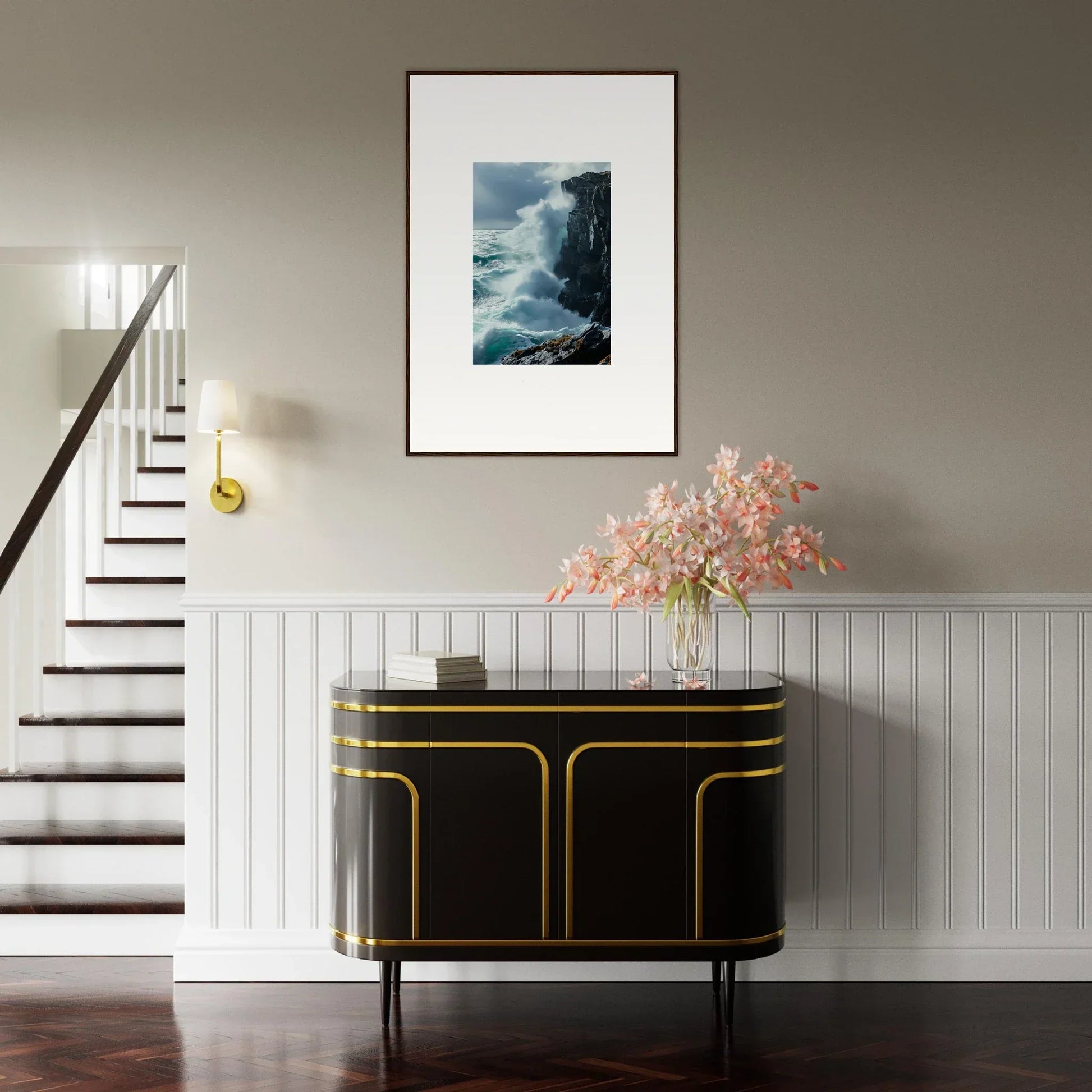 Elegant black sideboard with gold trim under a Serenity Cosmos canvas print