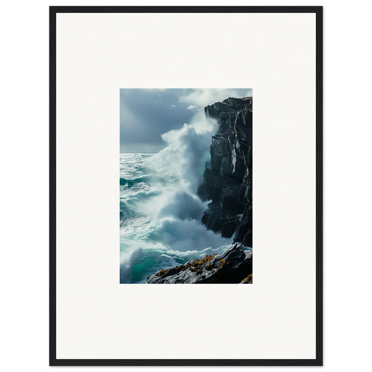 Powerful ocean waves crashing on a rocky cliff in Serenity Cosmos canvas print