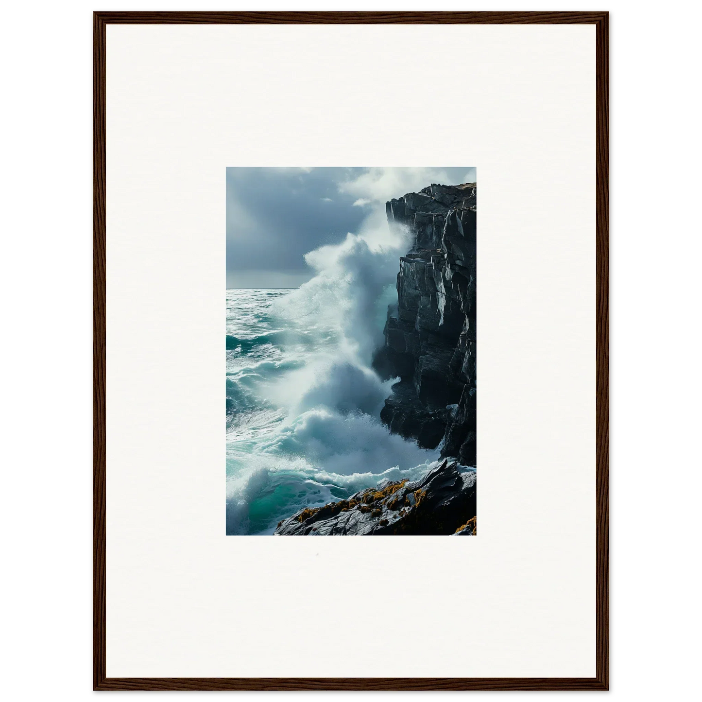Powerful ocean waves crash against a rocky cliff in this Serenity Cosmos canvas print