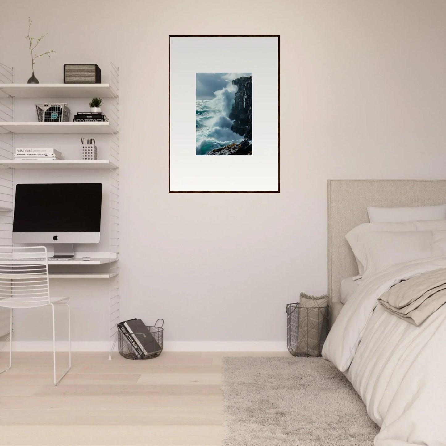 Framed photograph of coastal cliff with waves for a serene Cosmos room decoration