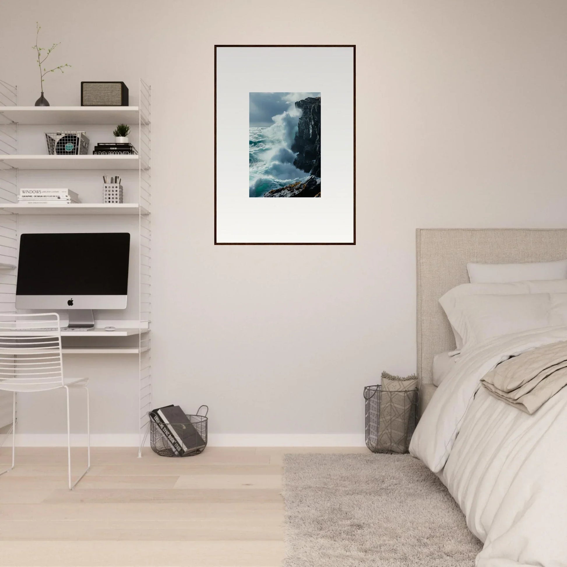 Framed photograph of coastal cliff with waves for a serene Cosmos room decoration