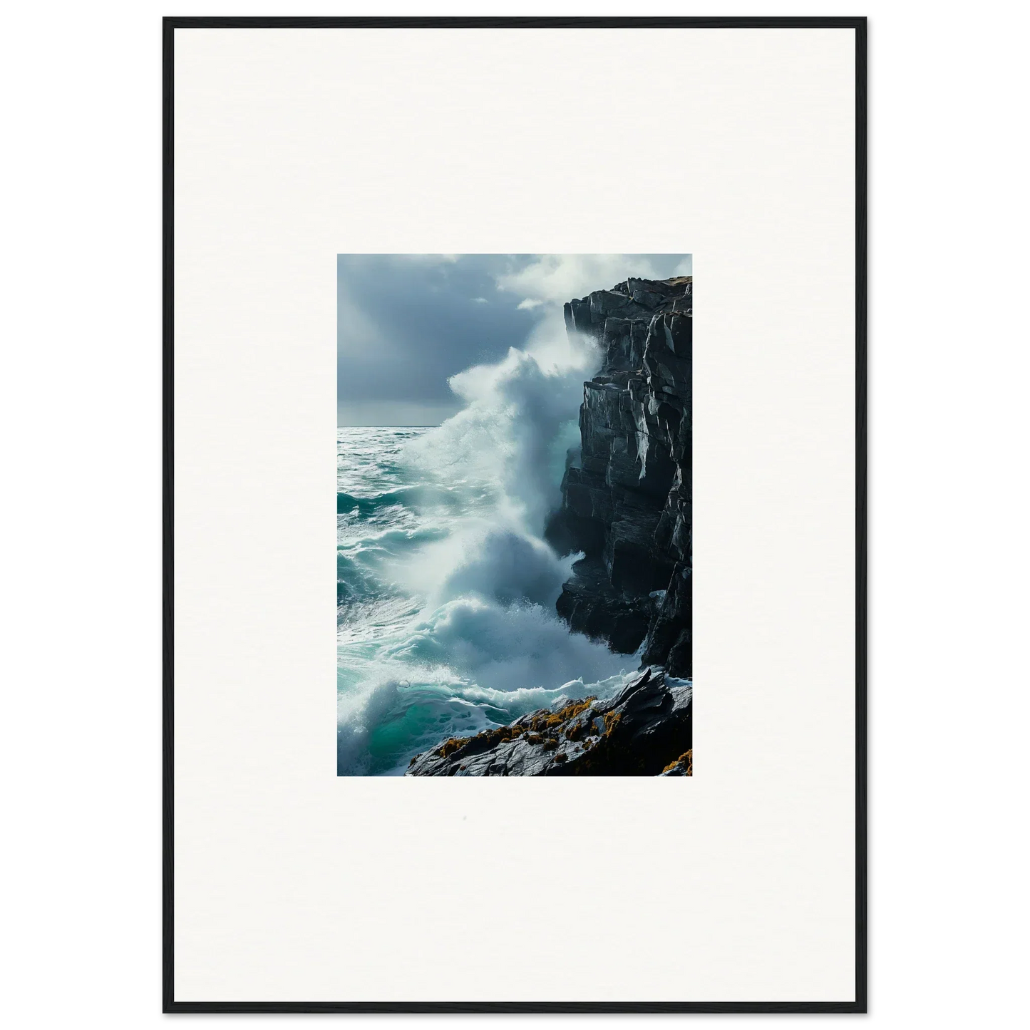 Powerful ocean waves crash against rocky cliffs in a serene cosmos canvas print