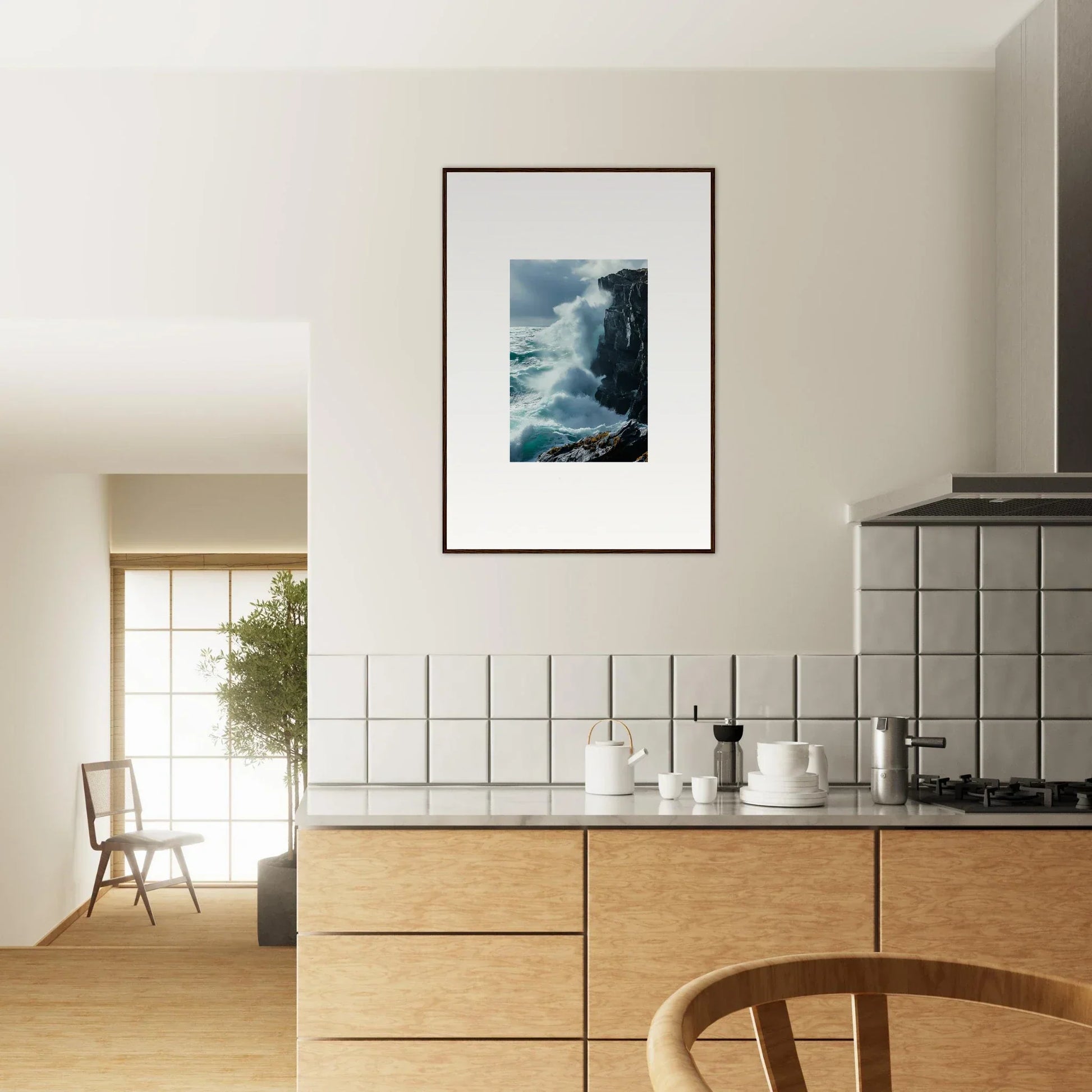 Framed photograph of a misty waterfall for a serene kitchen room decoration