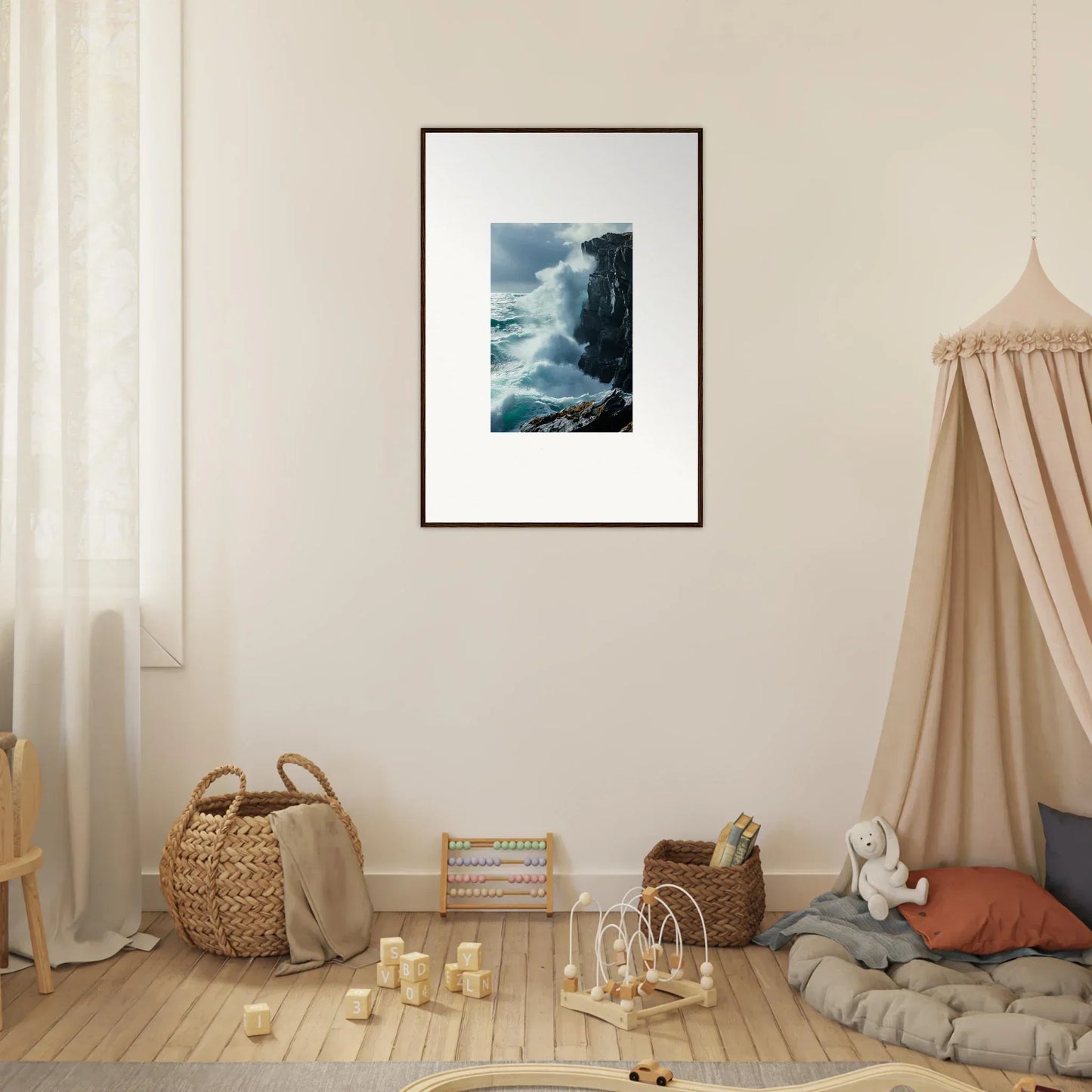 Framed photo of a rocky coastline and waves, perfect for Serenity Cosmos room decoration