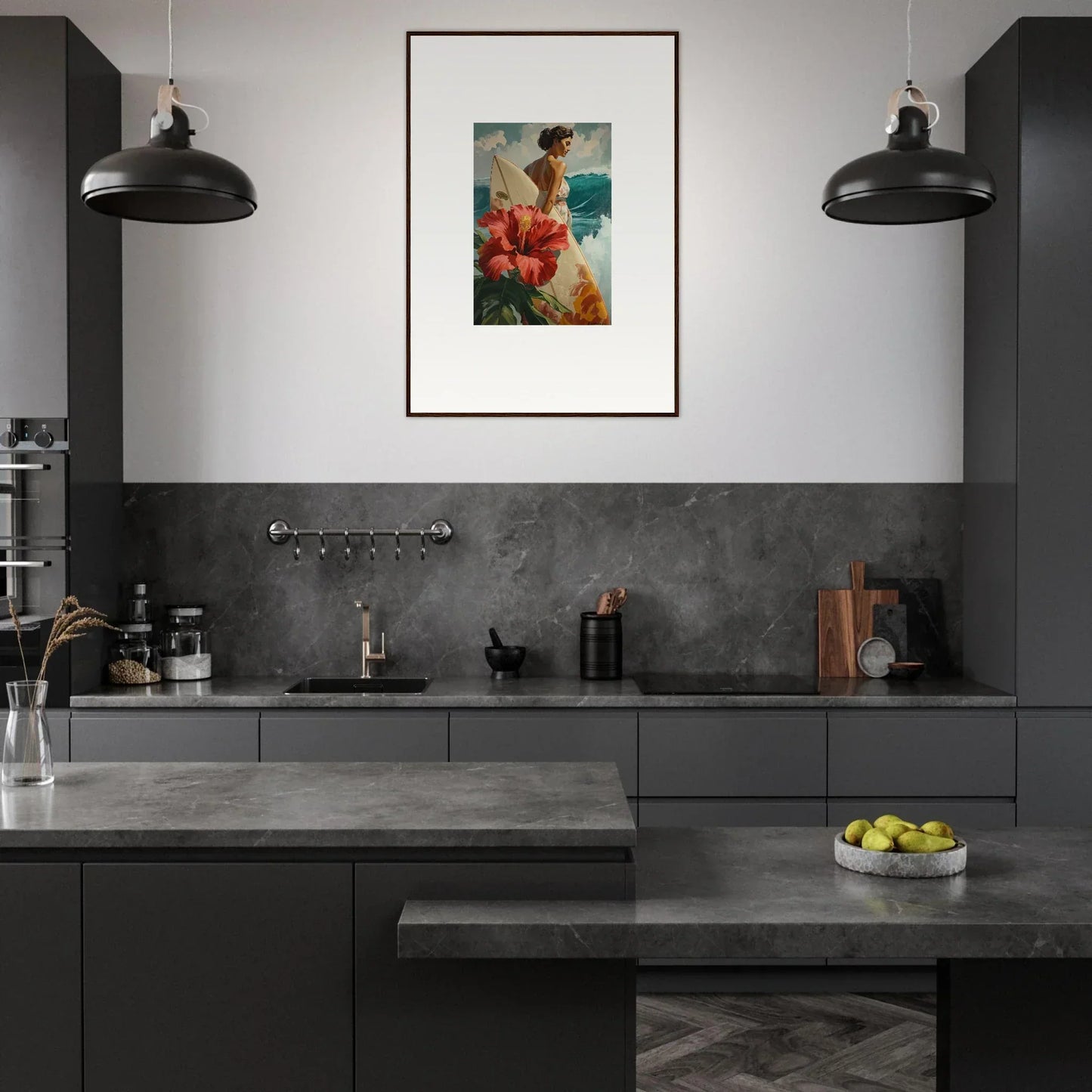 Modern kitchen with dark gray cabinets and a vibrant Sublime Ripples canvas print
