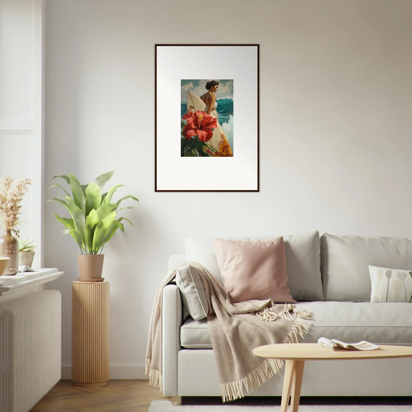 Framed canvas print of a figure with red flowers on blue, perfect for room decoration