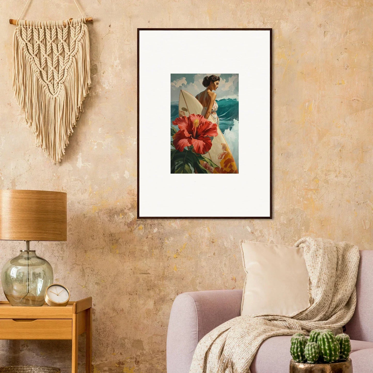 Framed canvas print of a figure with a red flower creating sublime ripples in room decoration