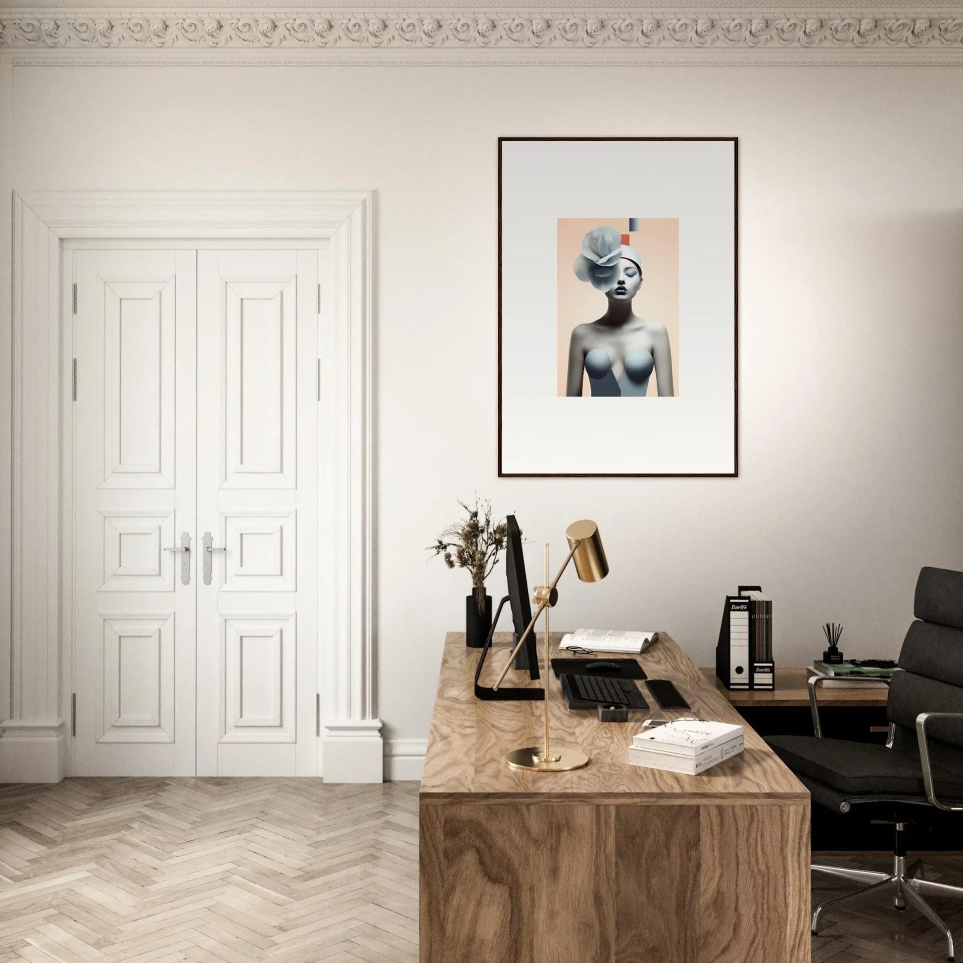 Elegant home office with wooden desk, artwork, and quiet fragrances for room decoration
