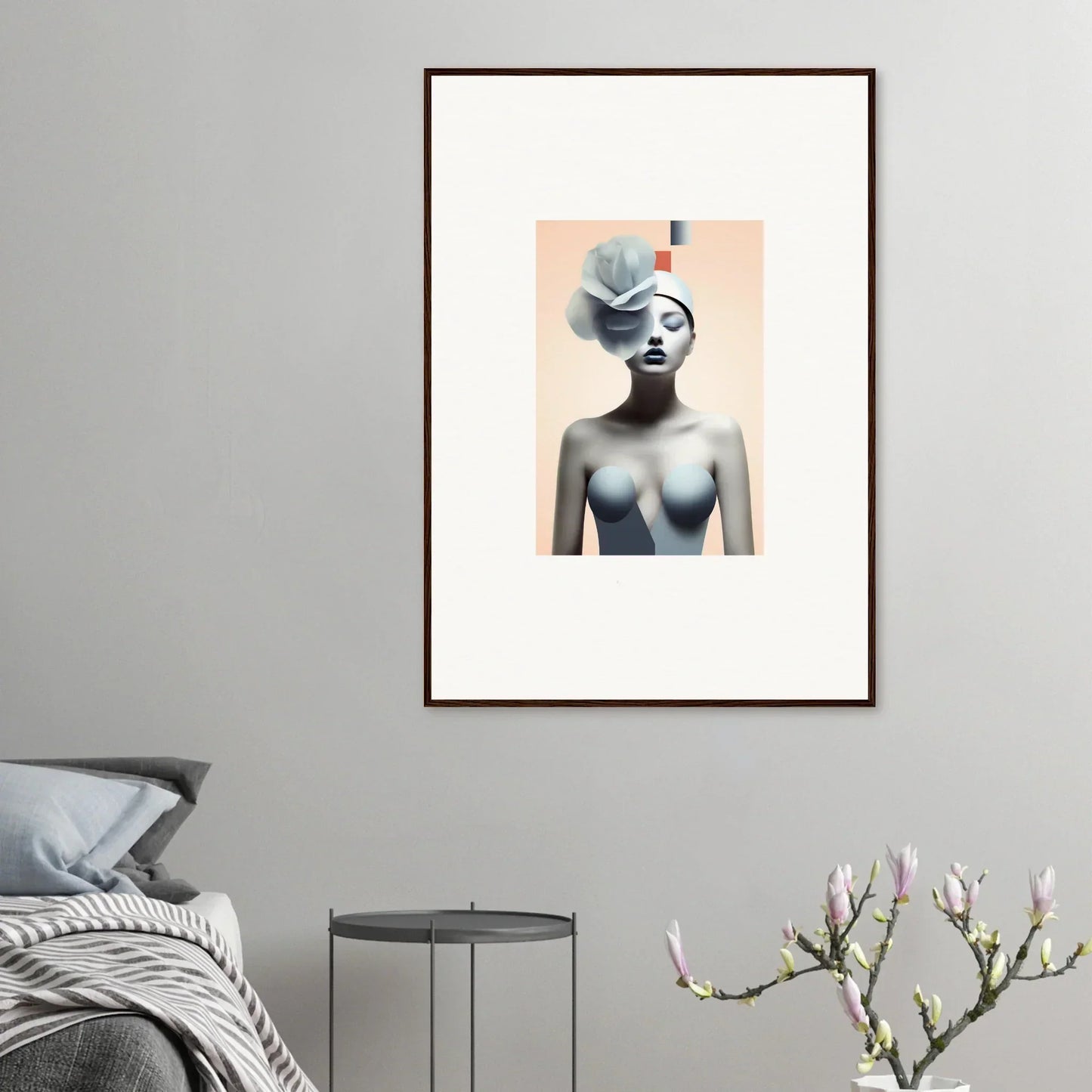 Framed canvas print of a surreal nude woman with blue head for stylish room decoration