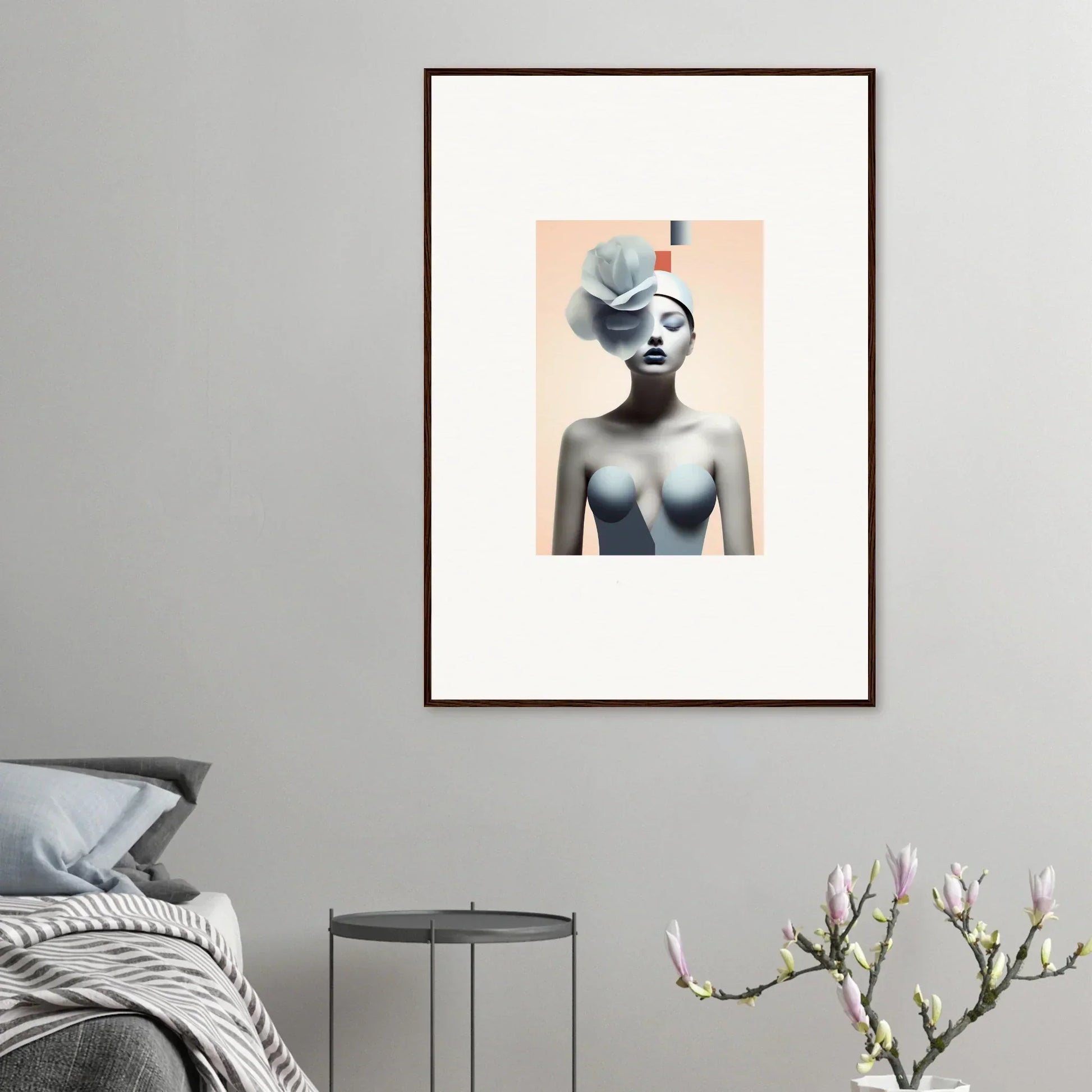 Framed canvas print of a surreal nude woman with blue head for stylish room decoration