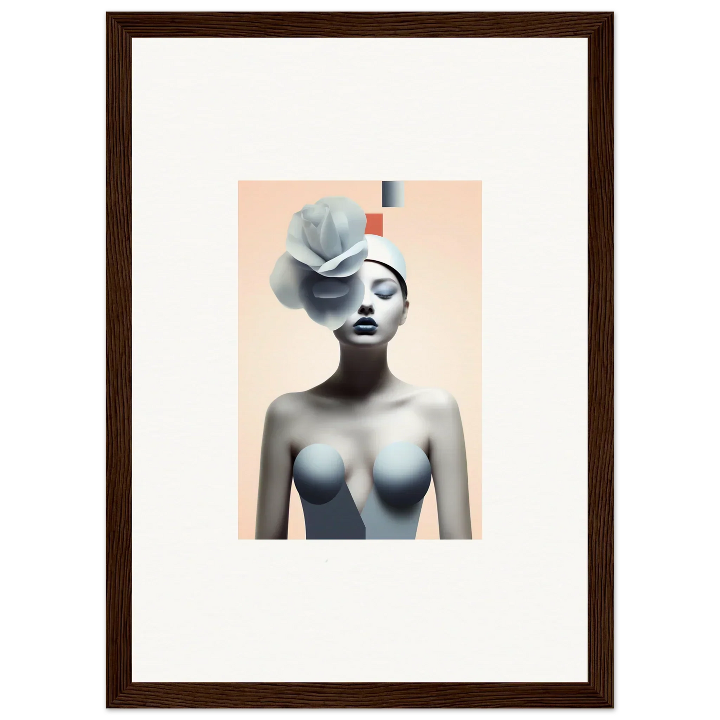 Surrealist portrait of a woman with flower shape, perfect for quiet fragrances room decoration