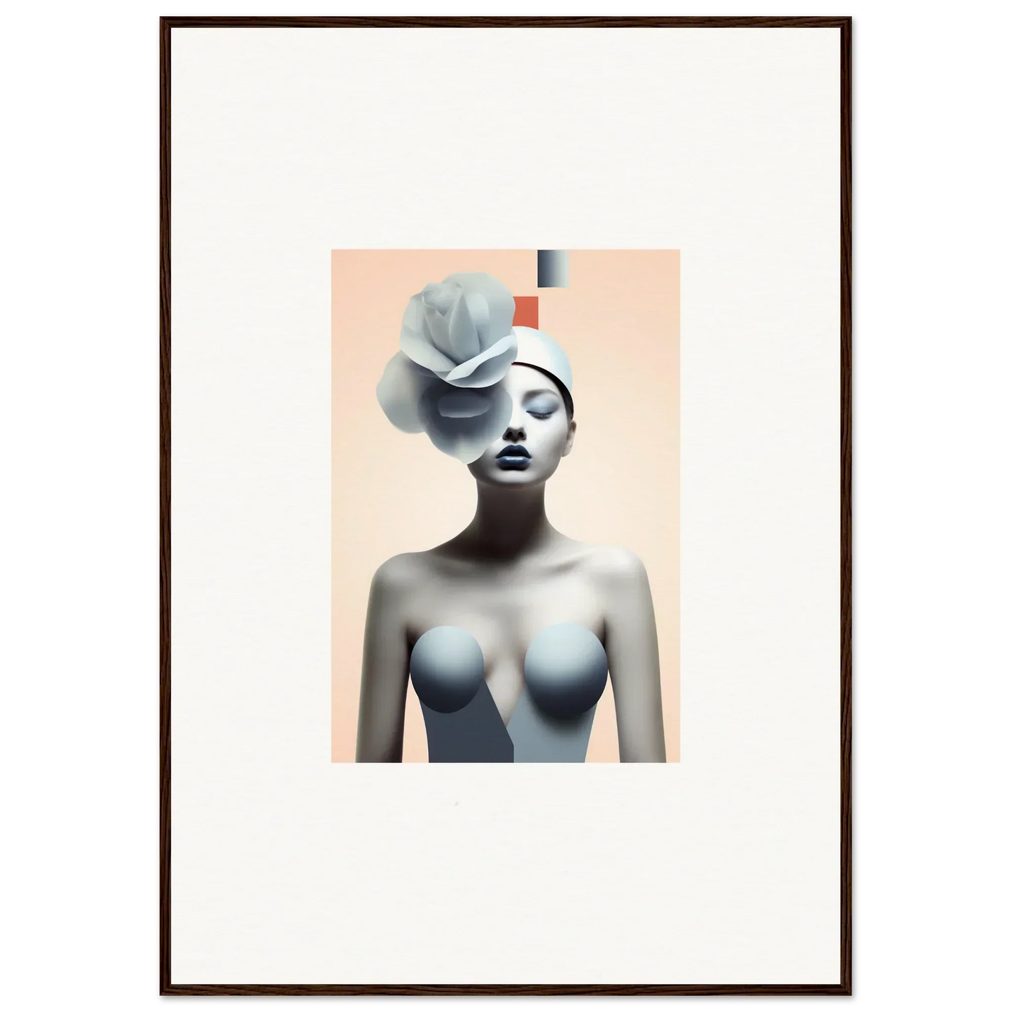 Surrealist portrait of a woman with floral head, perfect for quiet fragrances decor