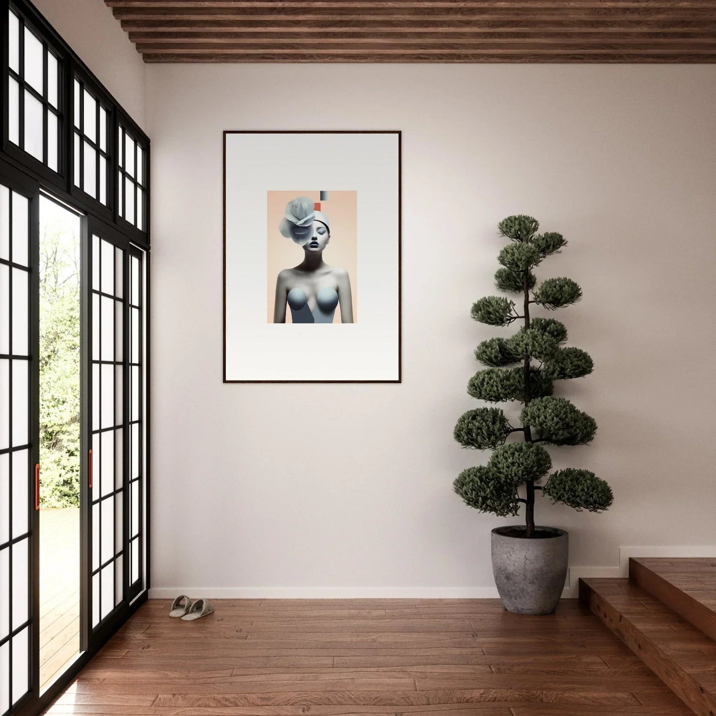 Framed canvas print of a surreal fish-headed portrait for unique room decoration