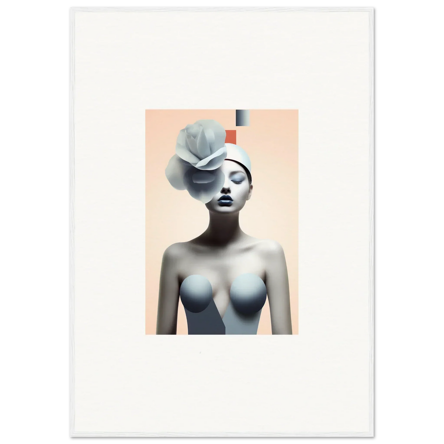 Surrealist portrait of a woman with geometric flower head for quiet fragrances room decor