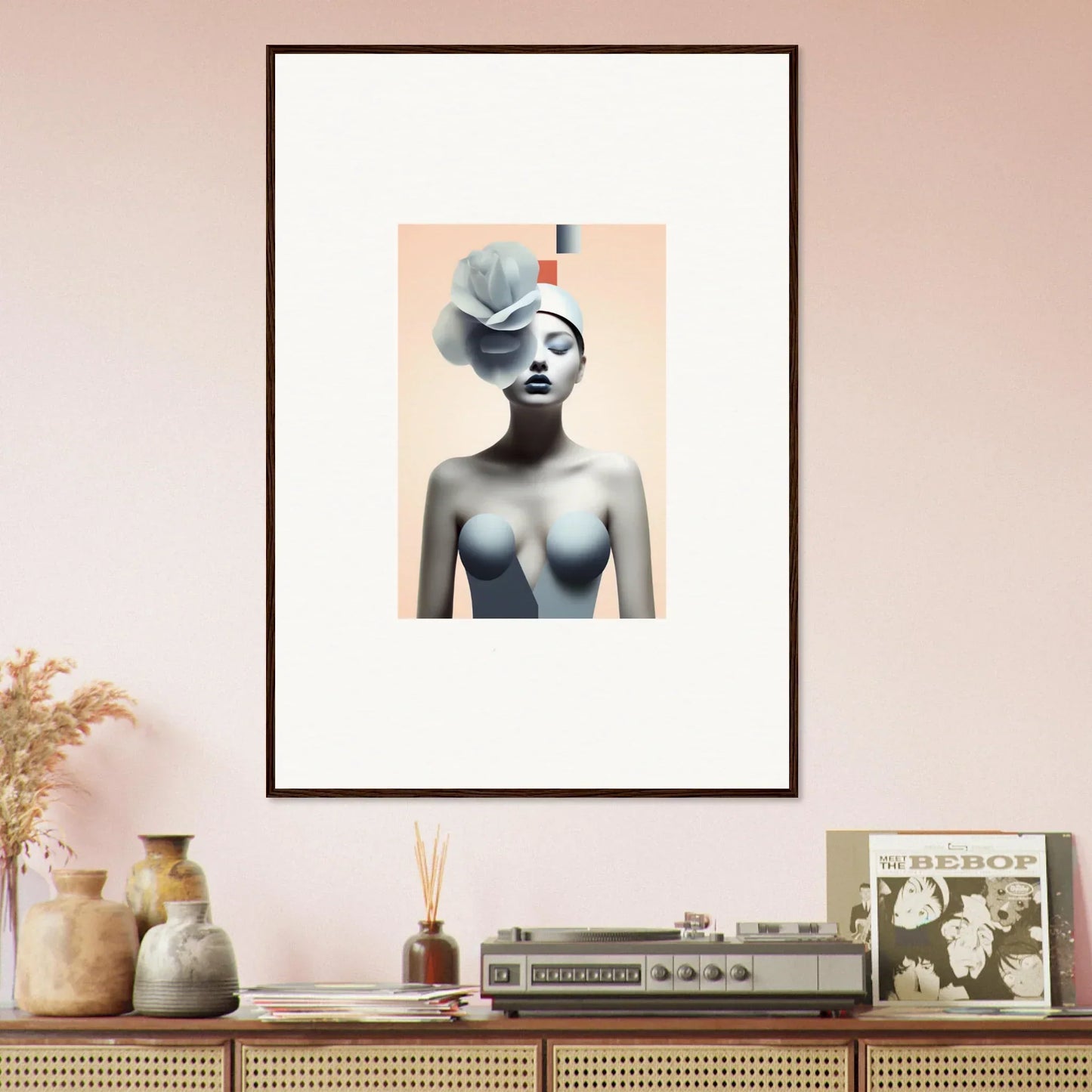 Framed surrealist canvas print of a woman with an abstract floral head for room decoration