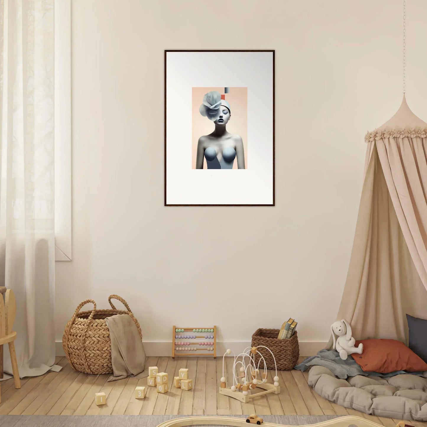 Artistic canvas print of a figure with a floral headdress for unique room decoration