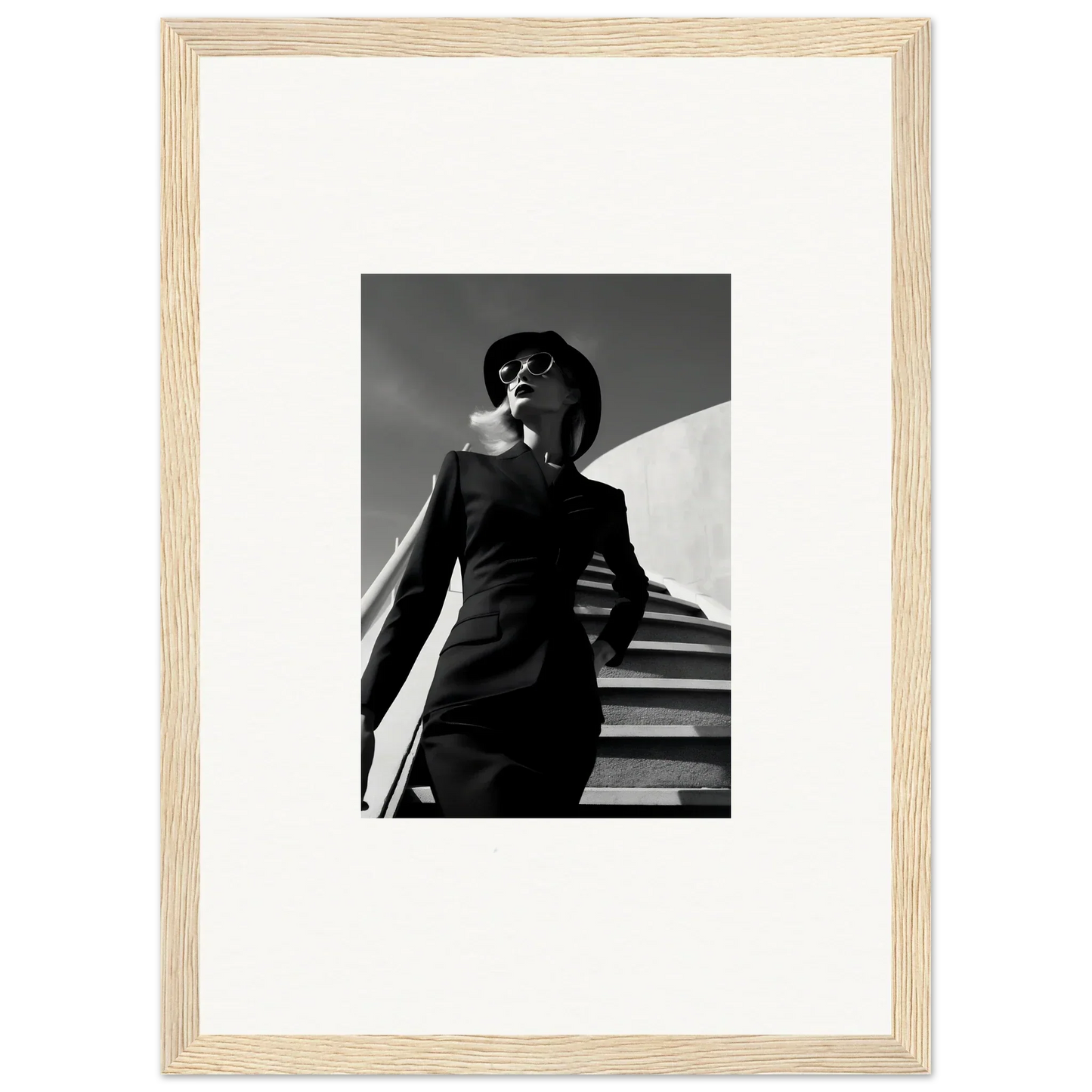 Black and white photograph of a person in a suit and hat, framed in a light wooden frame.