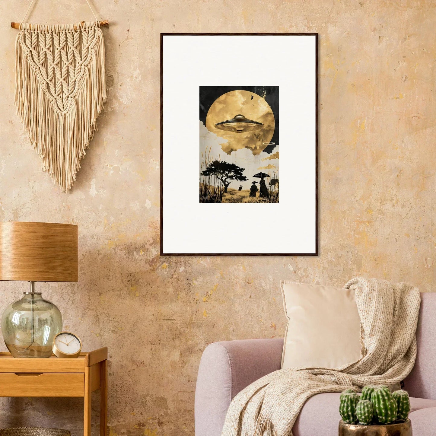 Framed wall art of a surreal landscape with a large moon for golden serenade room decor