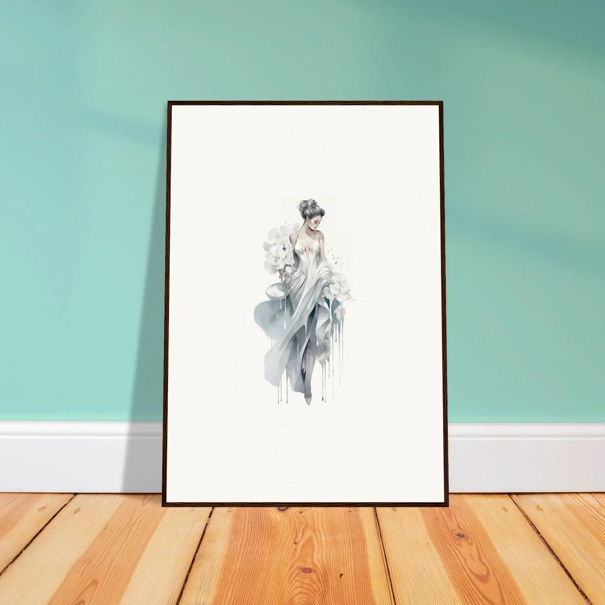 Framed black and white fashion illustration of Veiled Melancholia Blossoms