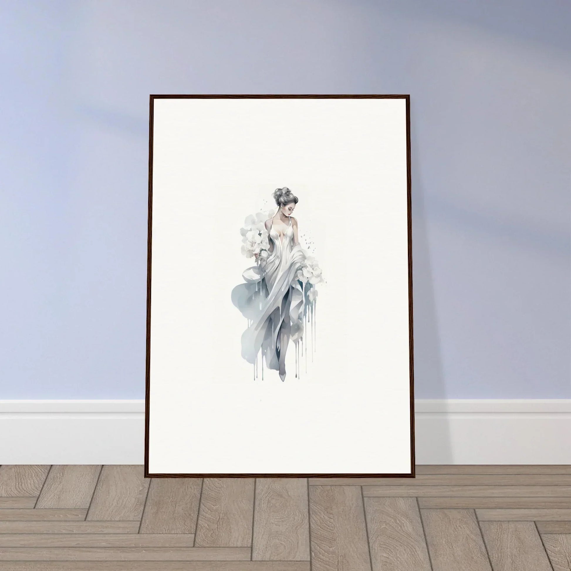 Framed black and white watercolor art of an elegant woman for Veiled Melancholia Blossoms