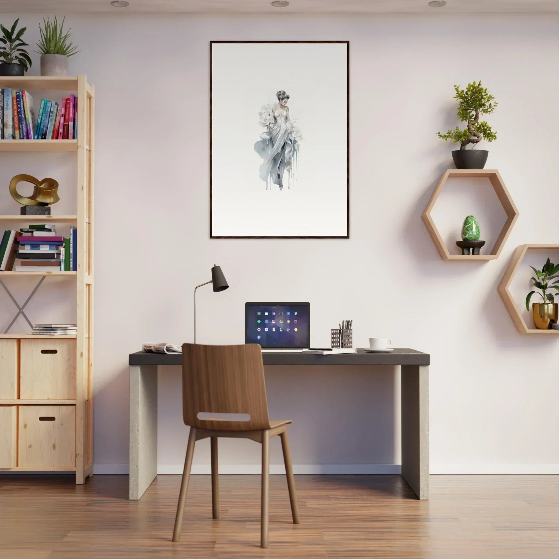Modern home office with a dark desk, wooden chair, and Veiled Melancholia Blossoms art